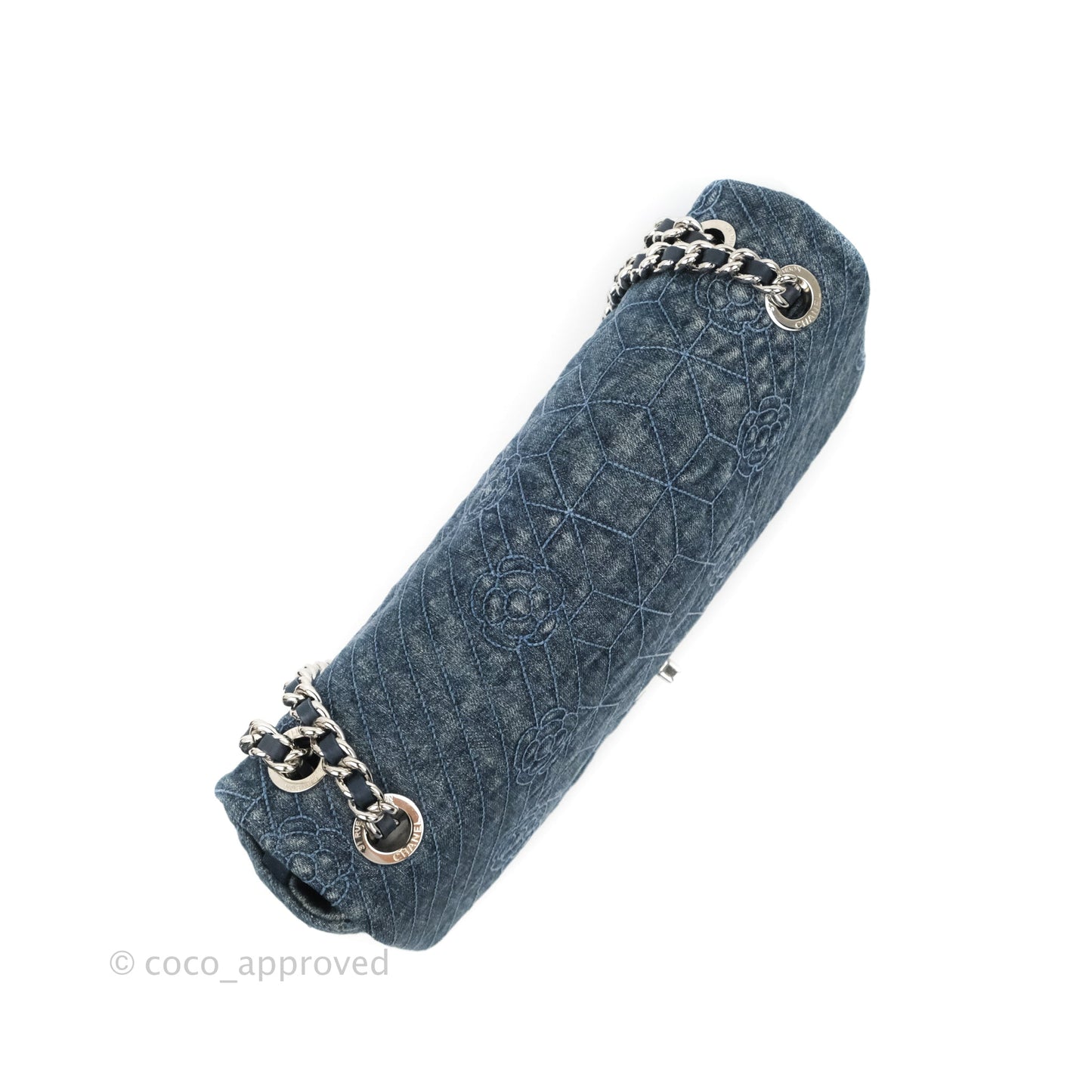 Chanel Camellia Embroidered Flap Bag Blue Washed Denim Silver Hardware