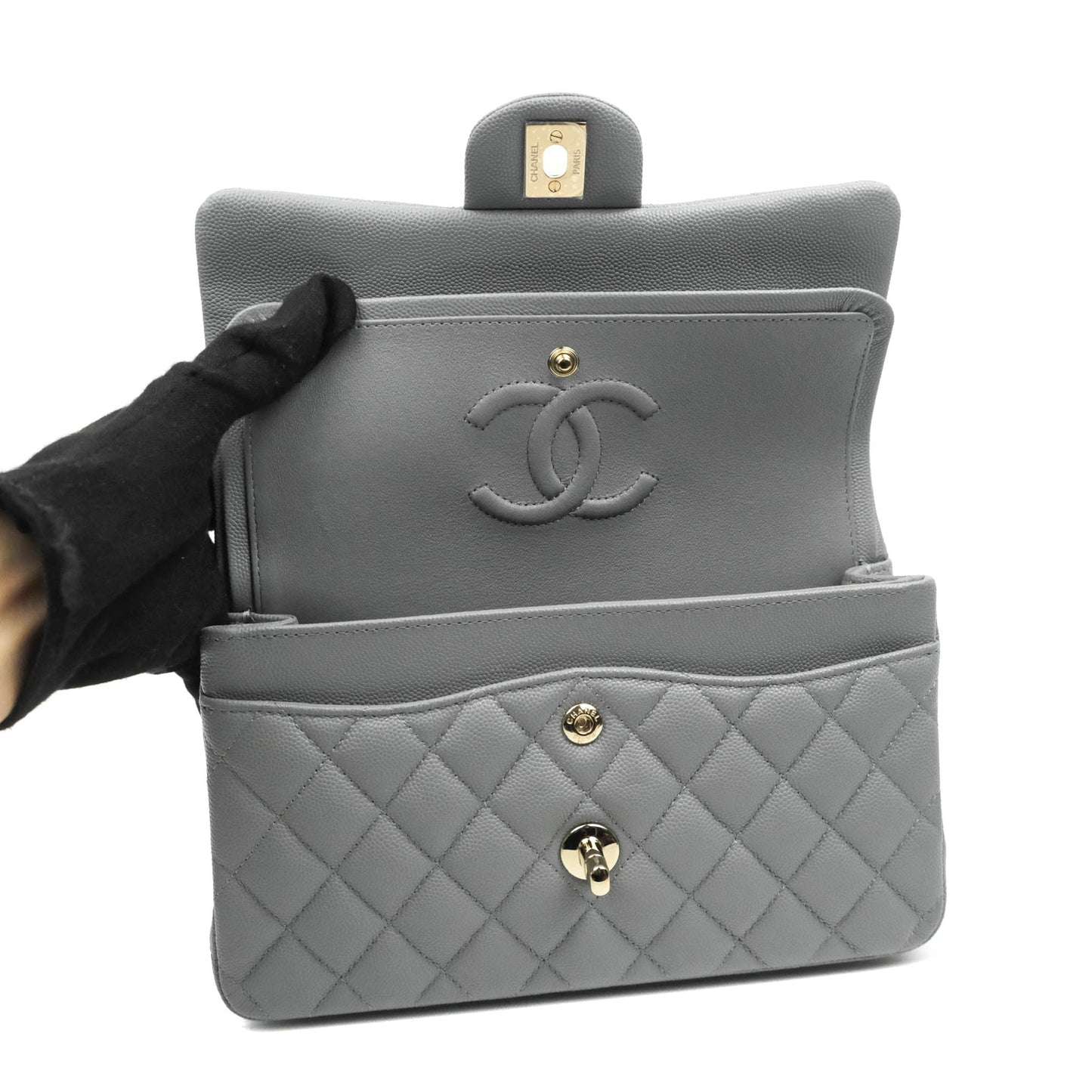 Chanel Classic Small S/M Quilted Flap Grey Caviar Gold Hardware 20C