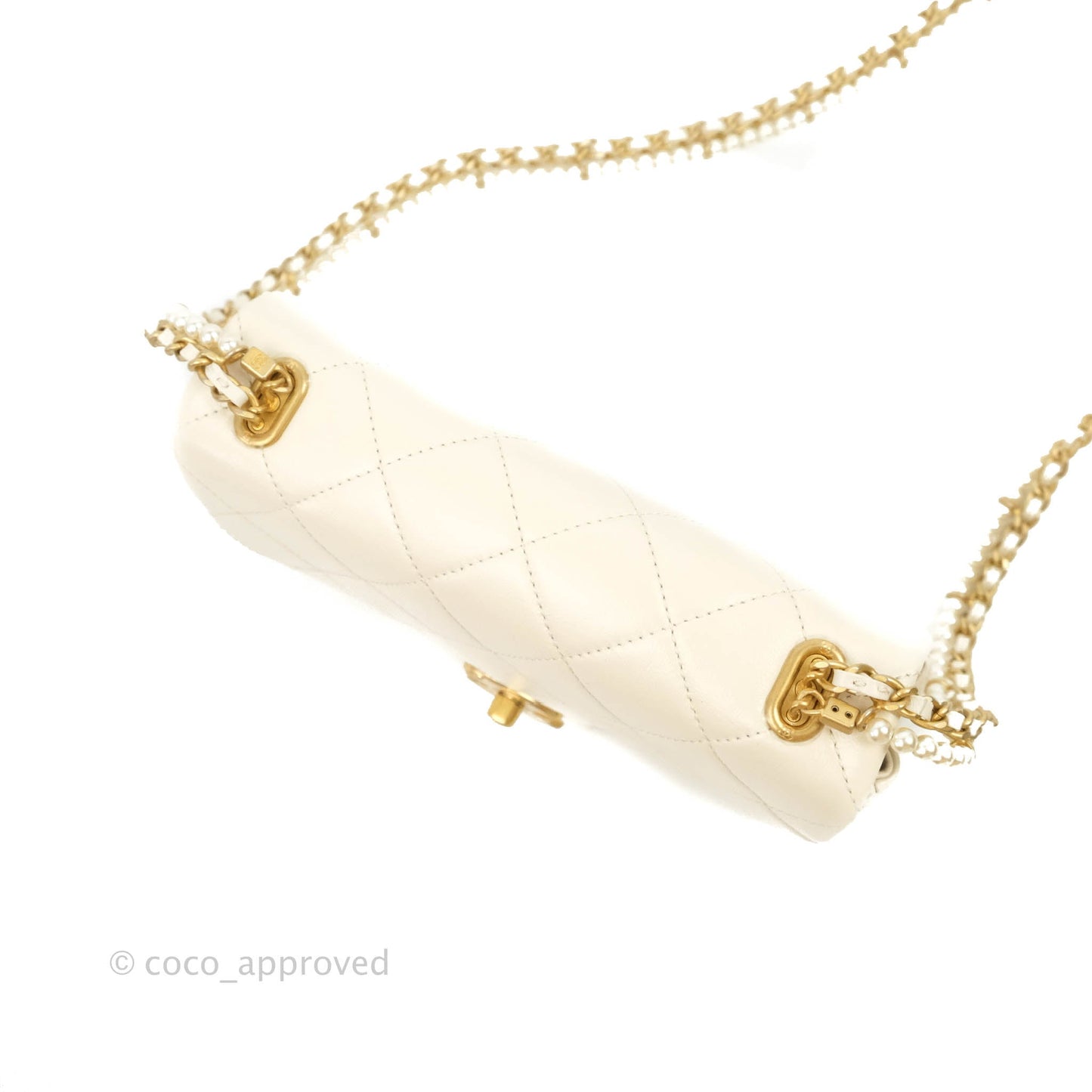 Chanel Mini Rectangular Crystal Pearls Chain Flap White Calfskin Aged Gold Hardware