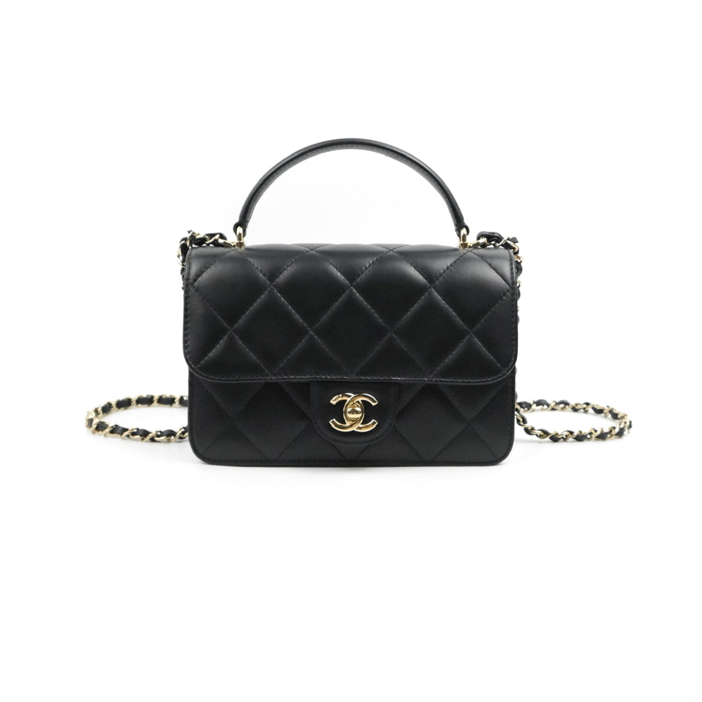 Chanel Small Coco Lady Quilted Flap Bag With Top Handle Black Calfskin Gold Hardware