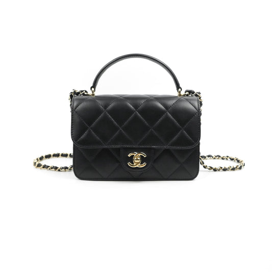 Chanel Small Coco Lady Quilted Flap Bag With Top Handle Black Calfskin Gold Hardware
