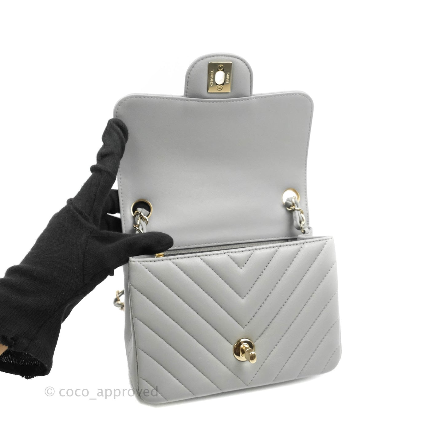Chanel Mini Square Chevron Grey Lambskin Gold Hardware