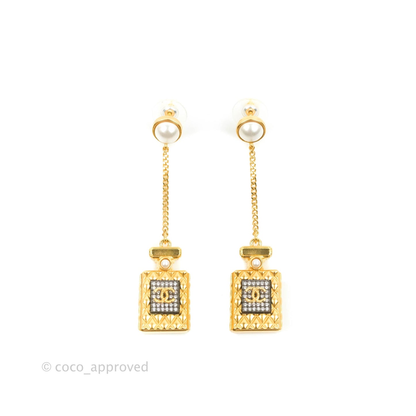 Chanel Chanel Perfume Rhinestone Pearl Long Drop Earrings Gold Tone 20A