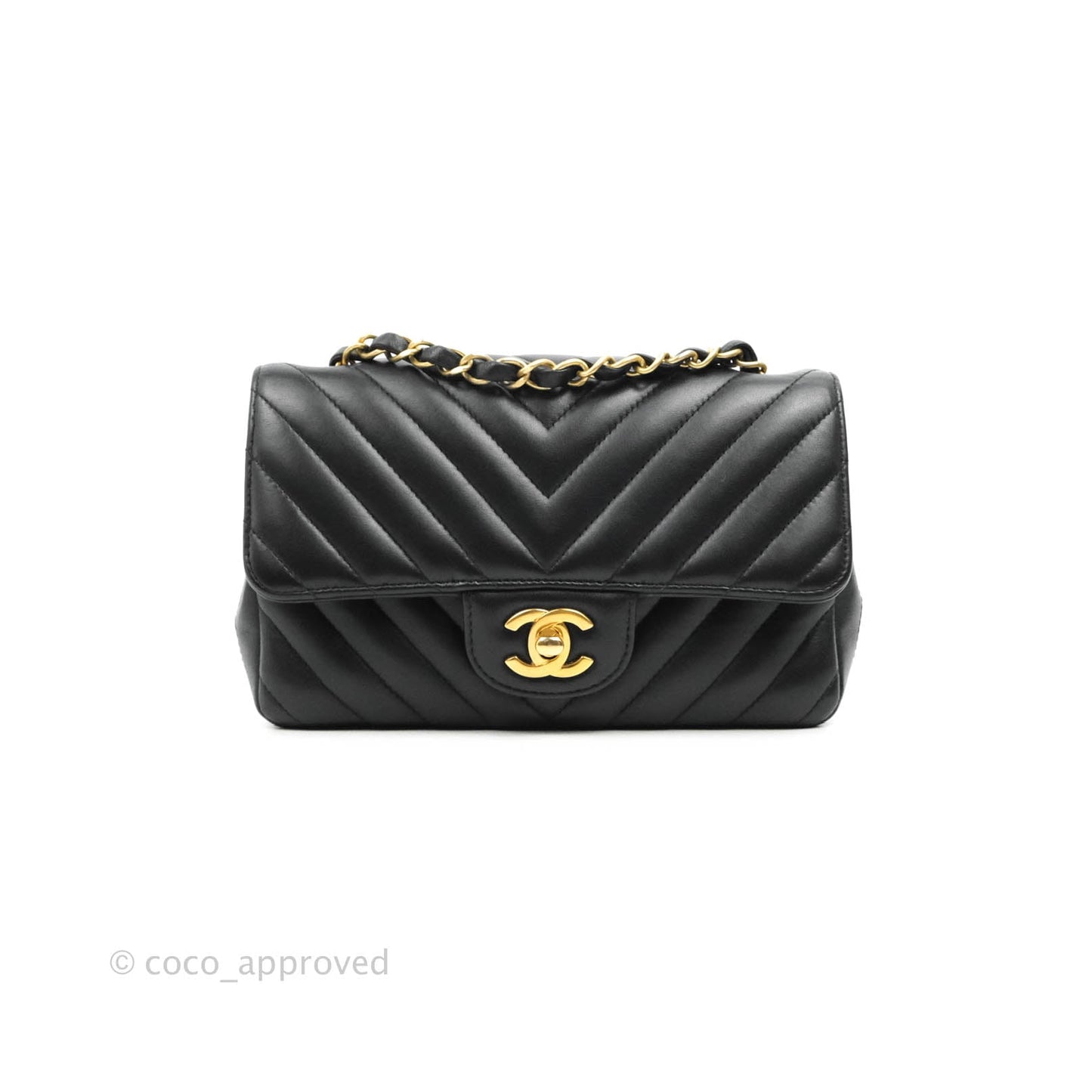 Chanel Chevron Mini Rectangular Flap Black Lambskin Aged Gold Hardware