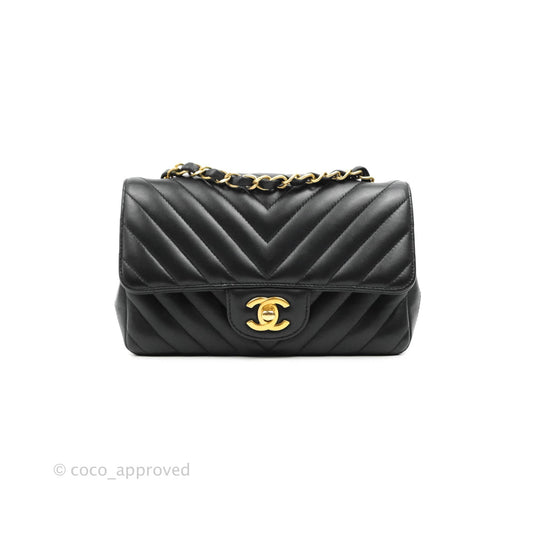 Chanel Chevron Mini Rectangular Flap Black Lambskin Aged Gold Hardware
