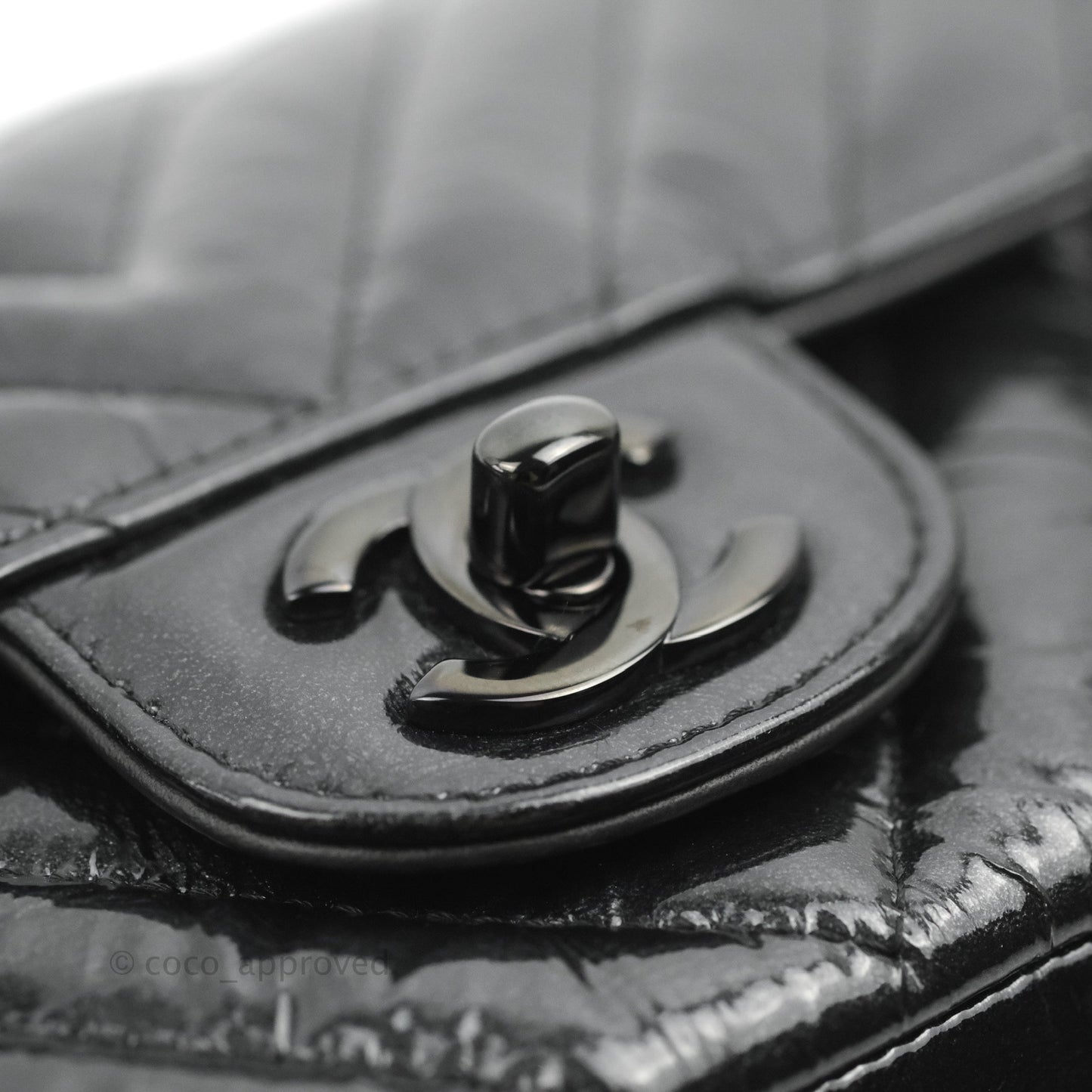 Chanel Mini Rectangular Flap Chevron Black Crumpled Metallic Patent So Black