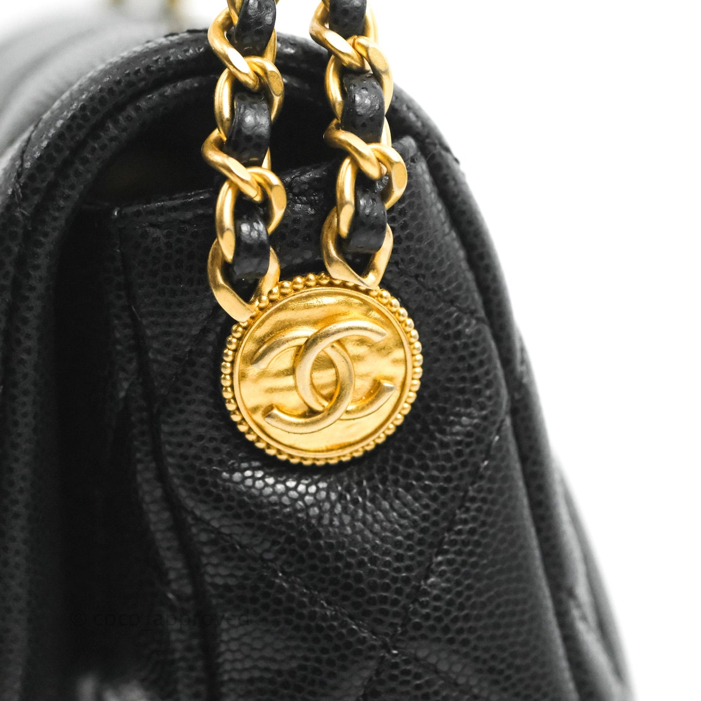 Chanel Mini Flap with Coin Charm Black Caviar Aged Gold Hardware 22A