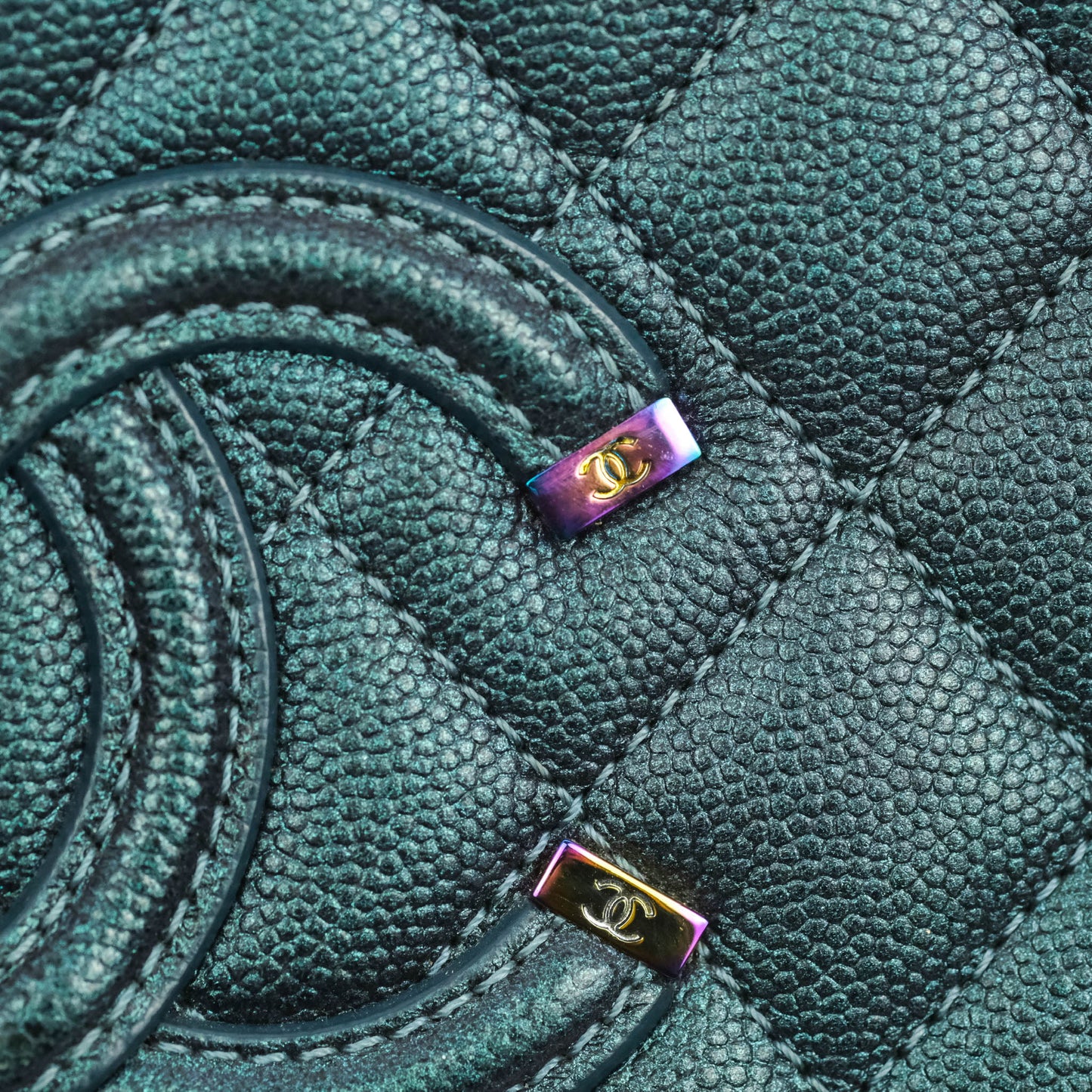 Chanel Quilted Medium CC Filigree Vanity Case Iridescent Dark Turquoise Caviar Rainbow Hardware