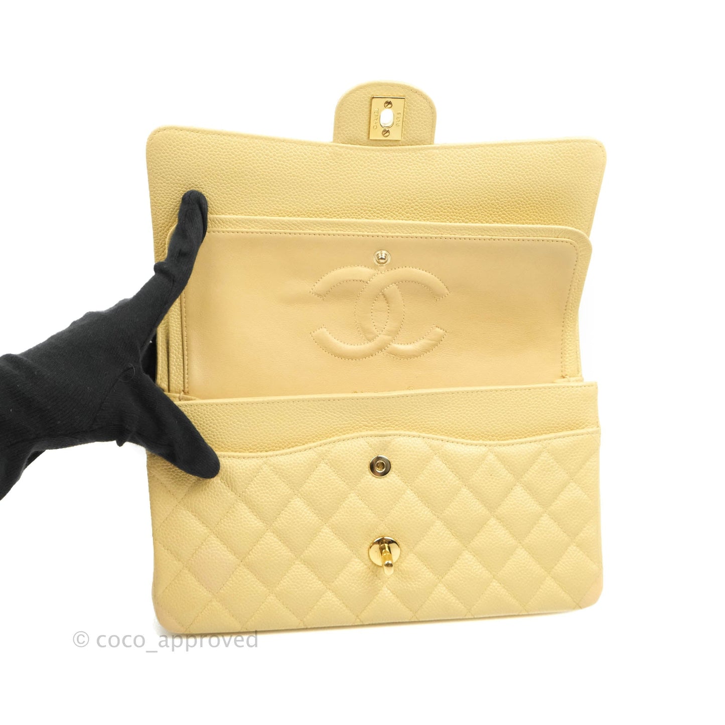 Chanel Vintage Classic M/L Medium Double Flap Bag Beige Caviar 24K Gold Hardware