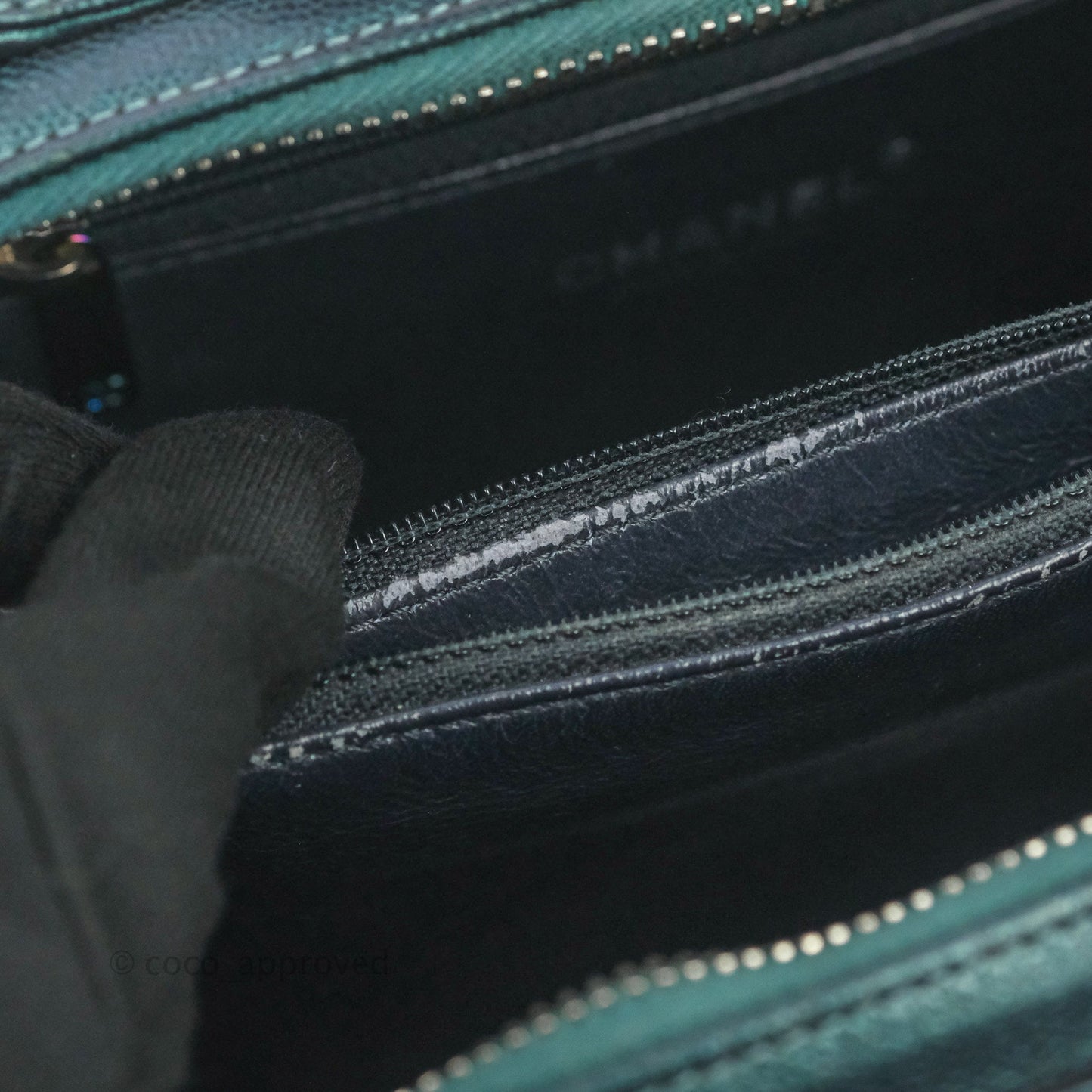 Chanel Quilted Medium CC Filigree Vanity Case Iridescent Dark Turquoise Caviar Rainbow Hardware
