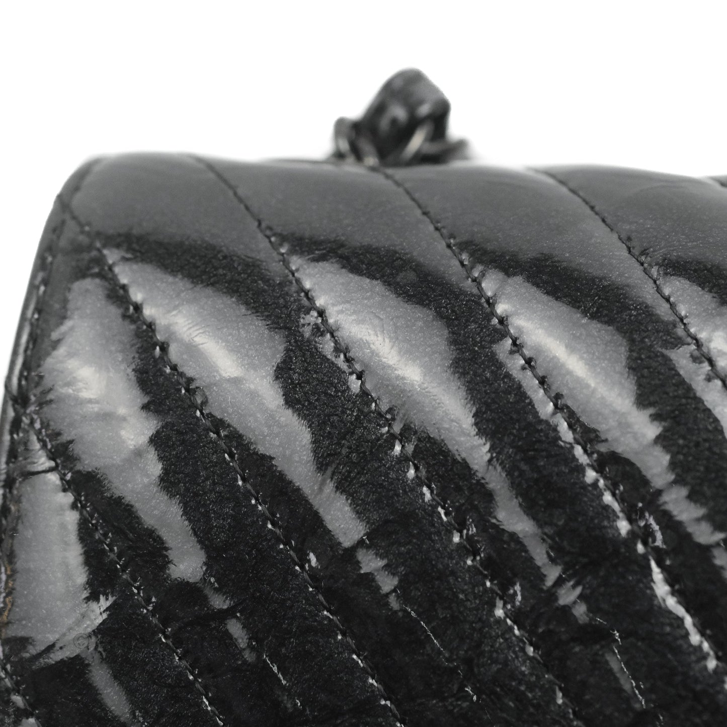 Chanel Mini Rectangular Flap Chevron Black Crumpled Metallic Patent So Black