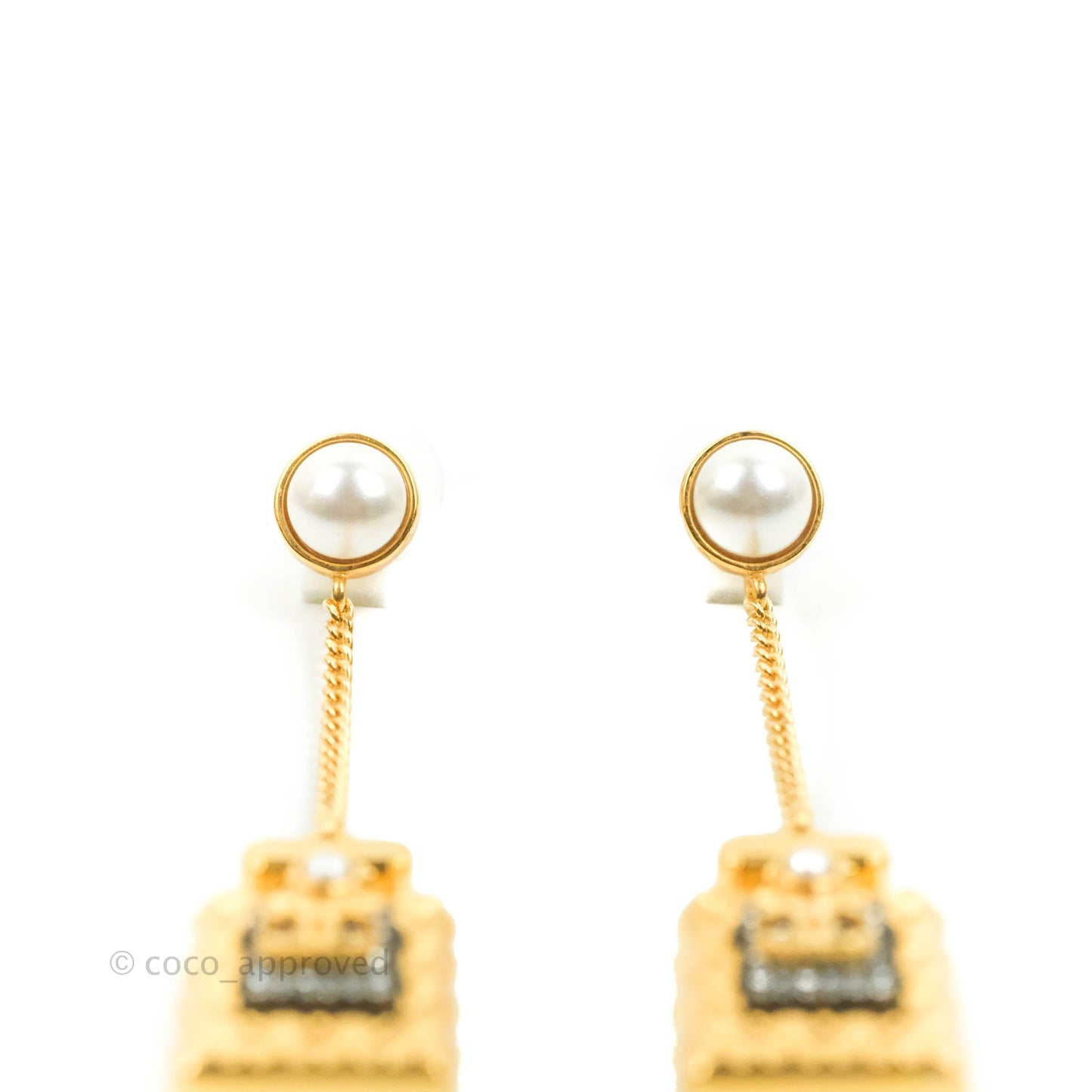 Chanel Chanel Perfume Rhinestone Pearl Long Drop Earrings Gold Tone 20A