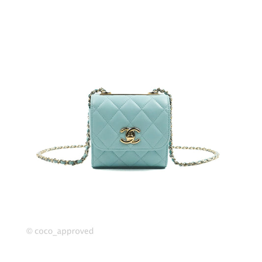Chanel Mini Quilted Trendy CC Clutch With Chain Tiffany Blue Lambskin Gold Hardware
