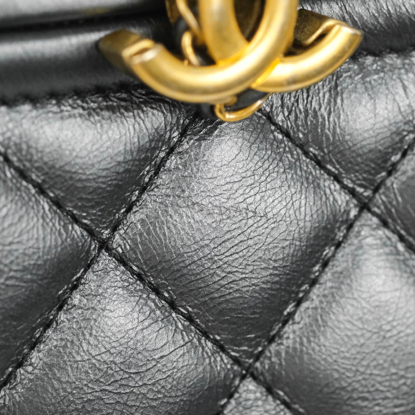 Chanel Quilted Drawstring Shopping Tote Bag Metallic Dark Grey Aged Calfskin Aged Gold Hardware