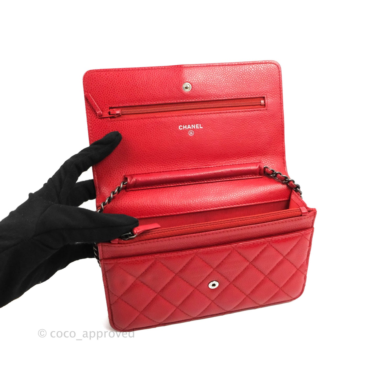 Chanel Quilted Classic Wallet on Chain WOC Red Caviar Ruthenium Hardware