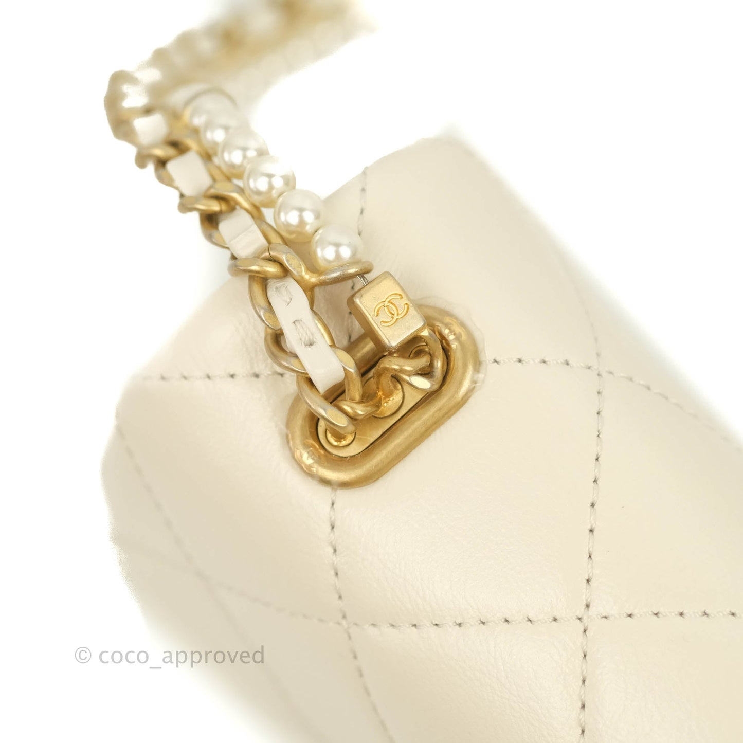 Chanel Mini Rectangular Crystal Pearls Chain Flap White Calfskin Aged Gold Hardware