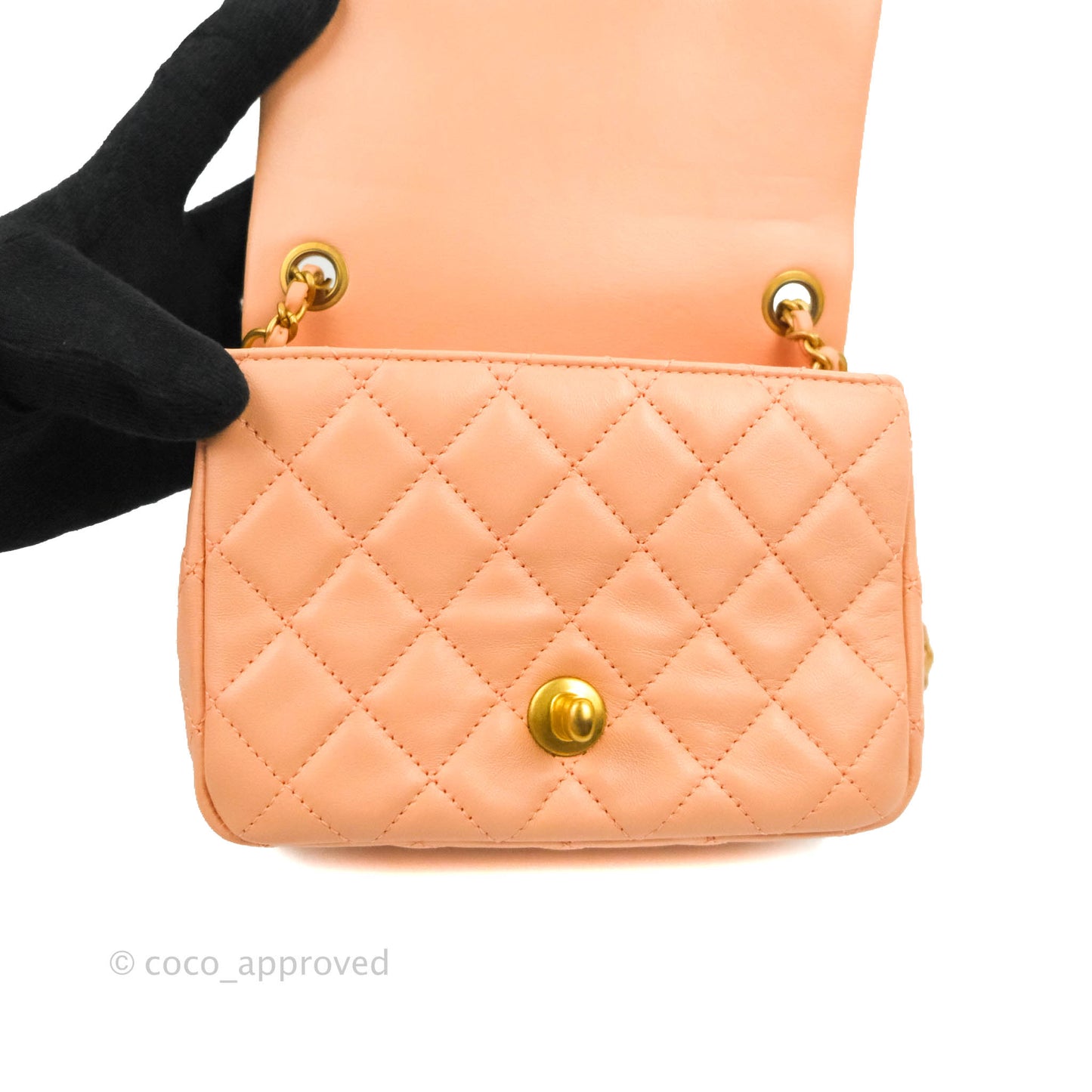 Chanel Pearl Crush Mini Square Quilted Peach Beige Lambskin Aged Gold Hardware