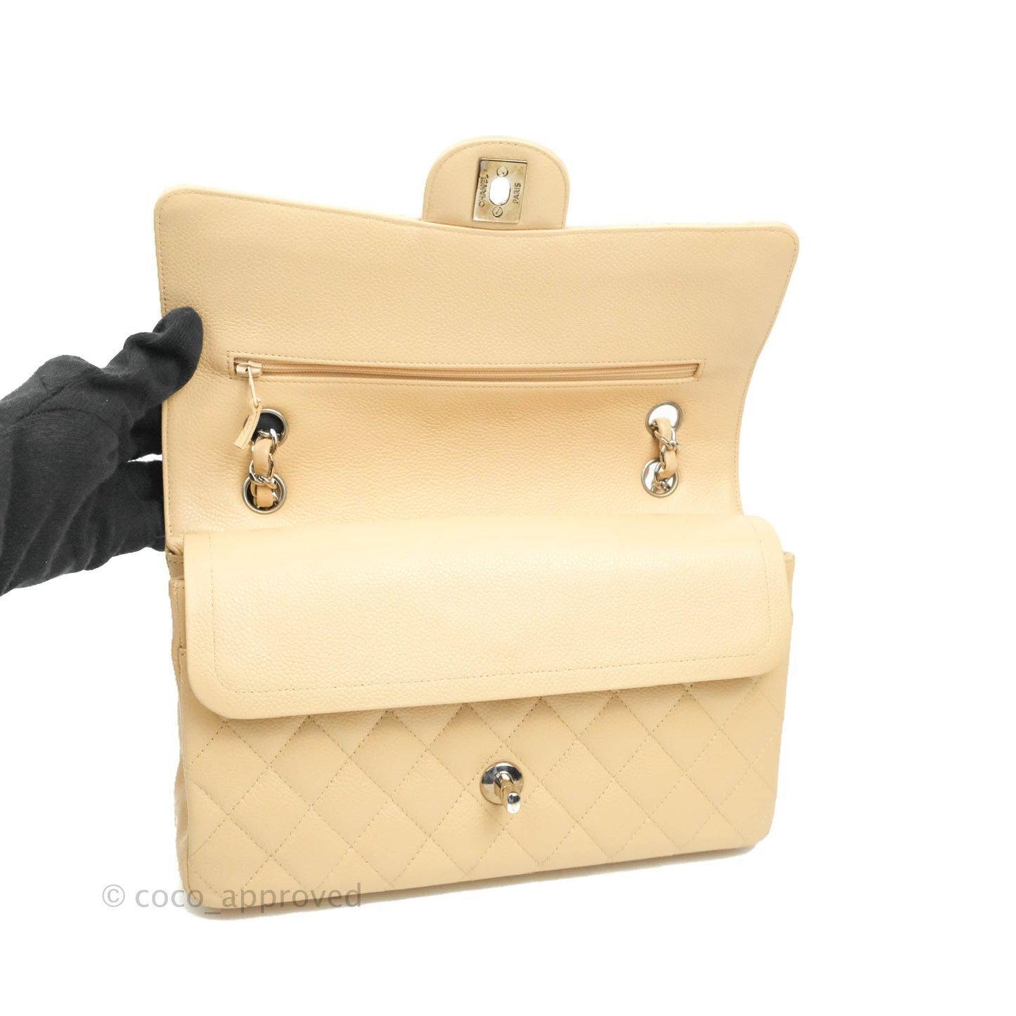Chanel Classic M/L Medium Flap Quilted Beige Caviar Silver Hardware
