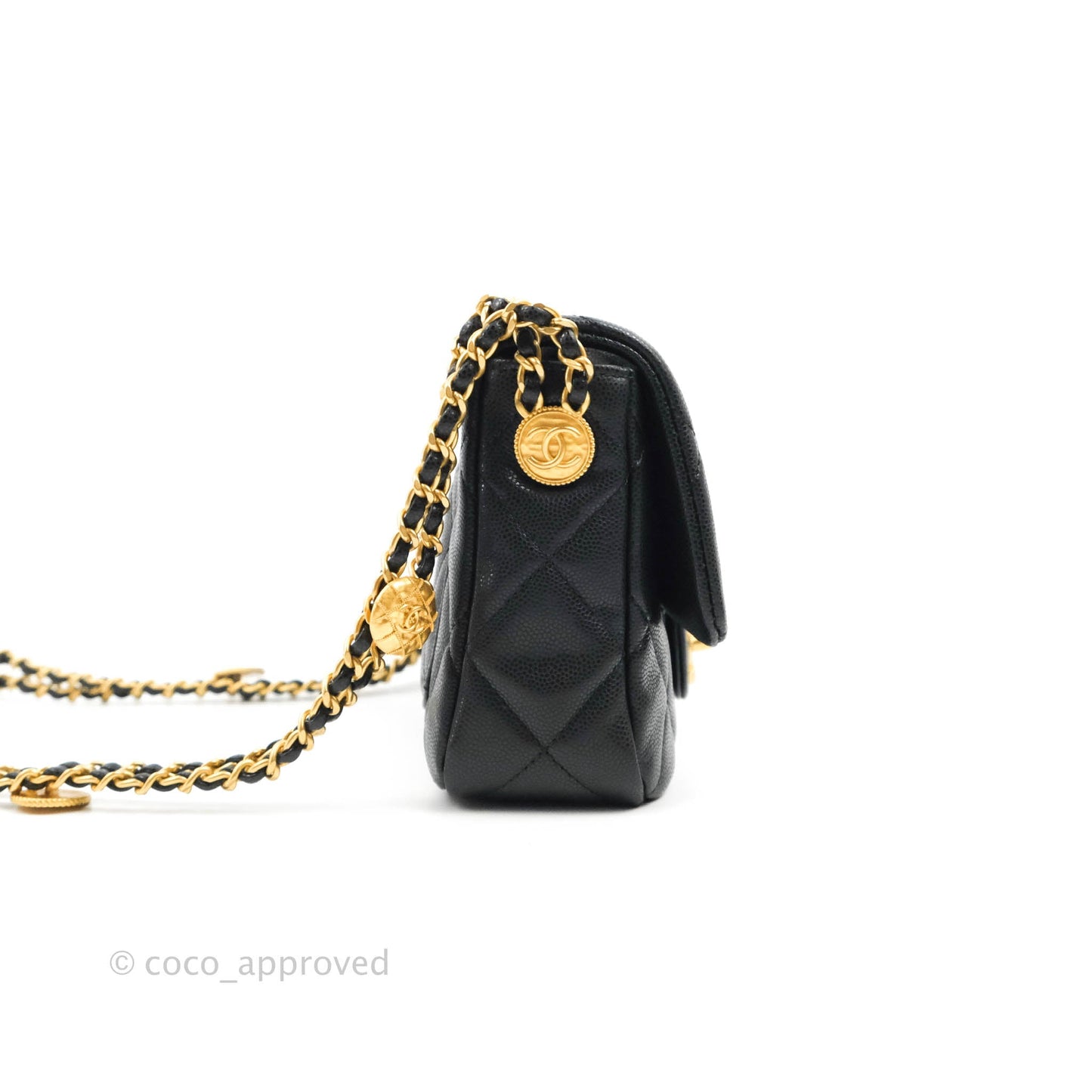 Chanel Small Buttons Gold Coins Flap Bag Black Caviar Aged Gold Hardware