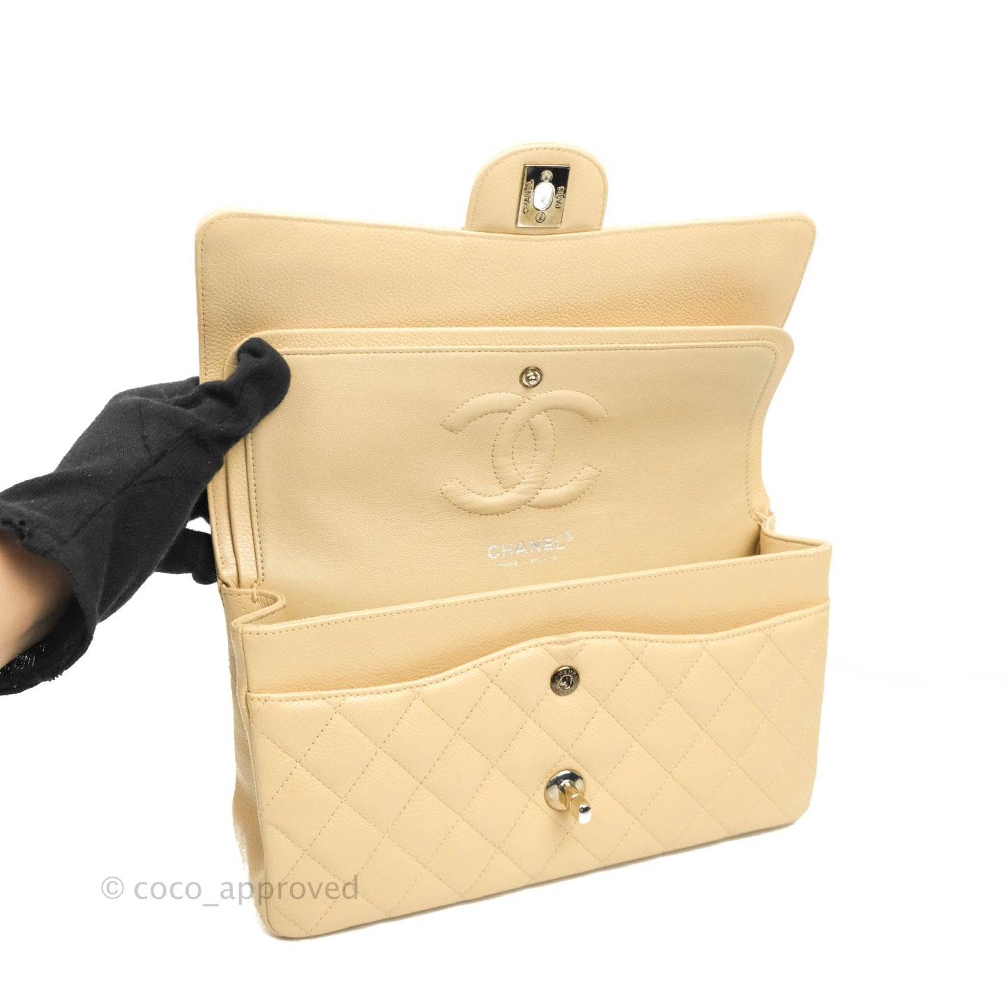 Chanel Classic M/L Medium Flap Quilted Beige Caviar Silver Hardware