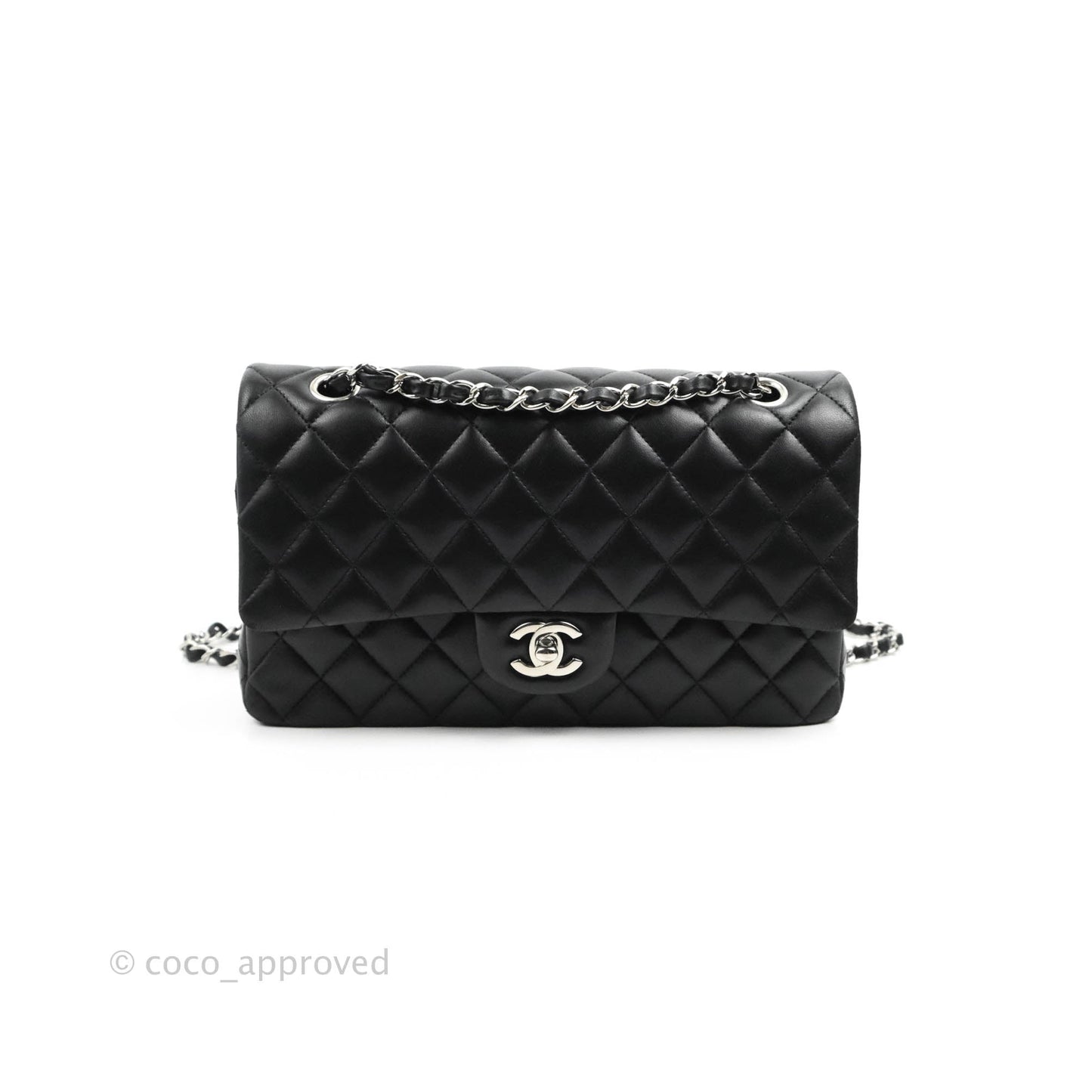 Chanel Classic M/L Medium Flap Quilted Black Lambskin Silver Hardware