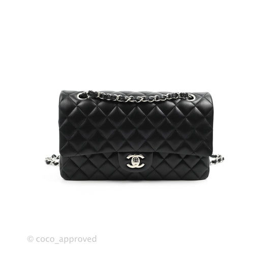 Chanel Classic M/L Medium Flap Quilted Black Lambskin Silver Hardware