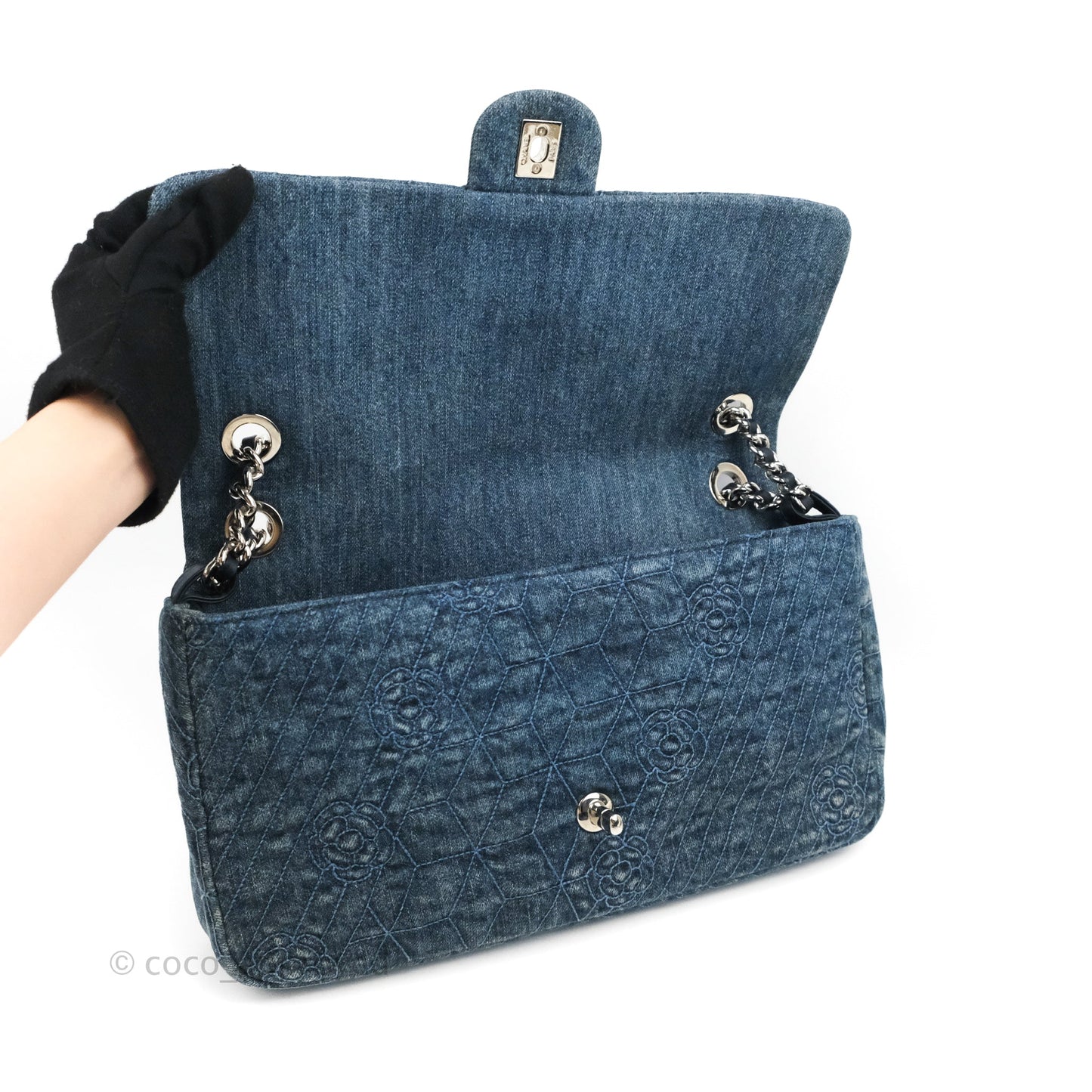 Chanel Camellia Embroidered Flap Bag Blue Washed Denim Silver Hardware