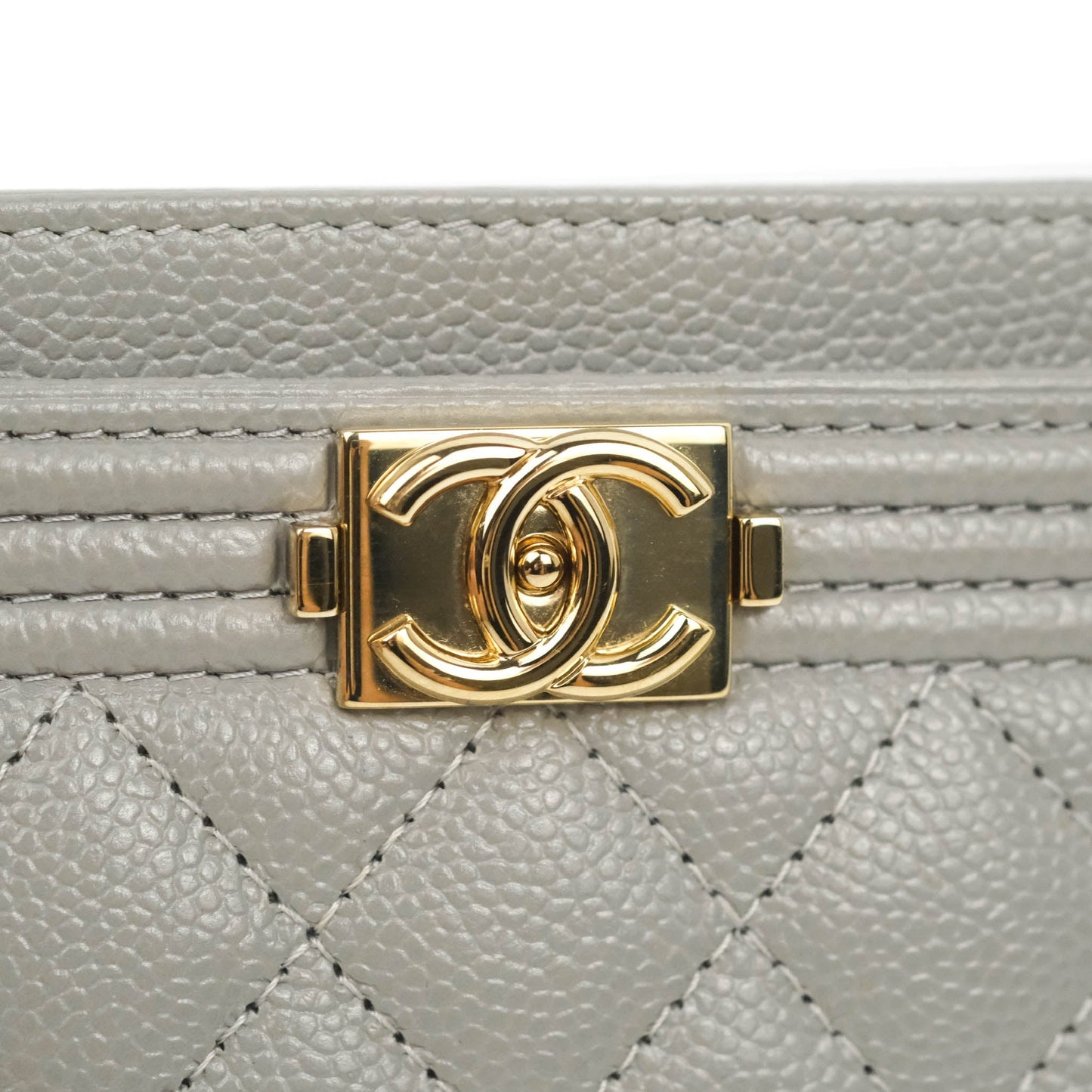 Chanel Quilted Boy Card Holder Grey Caviar Gold Hardware