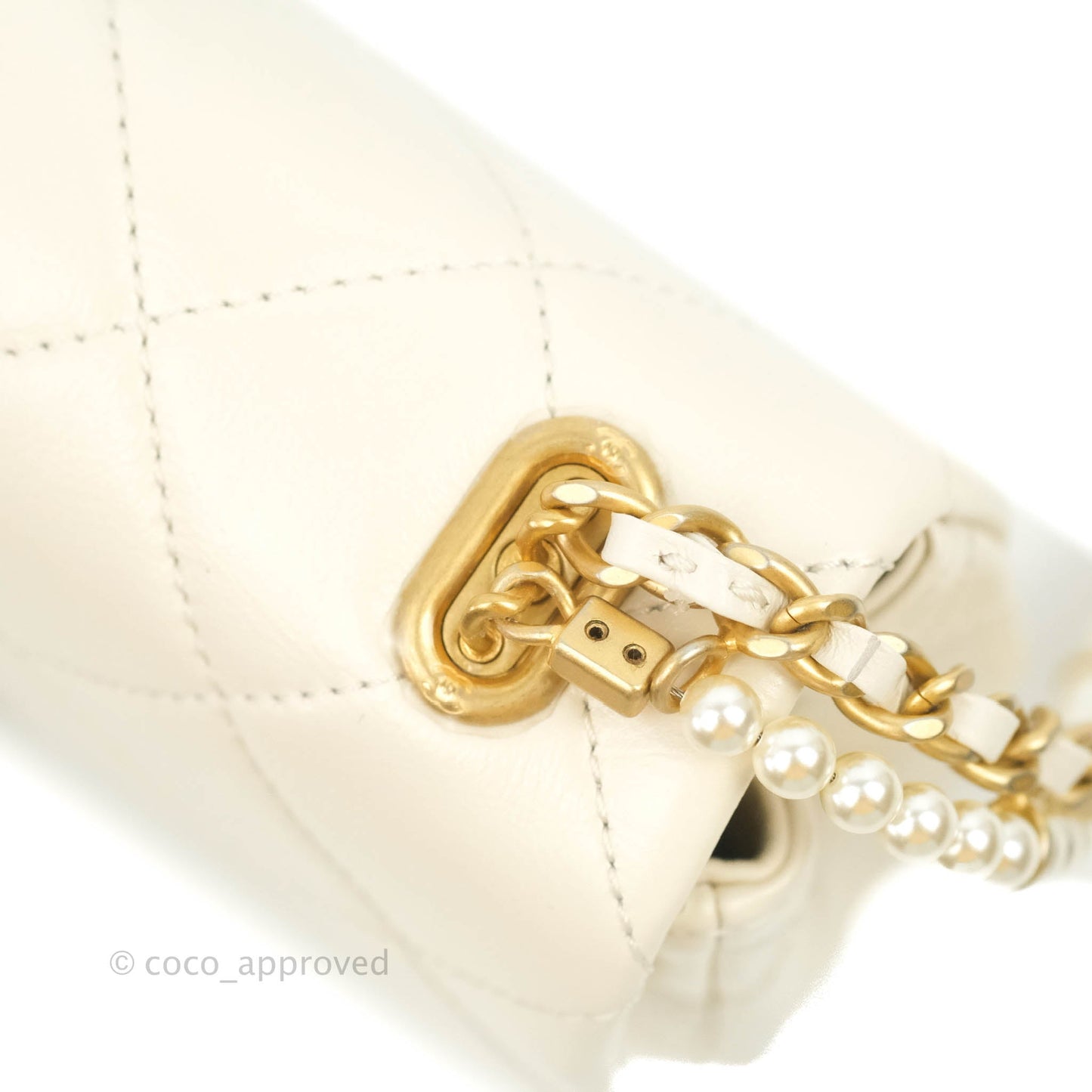 Chanel Mini Rectangular Crystal Pearls Chain Flap White Calfskin Aged Gold Hardware