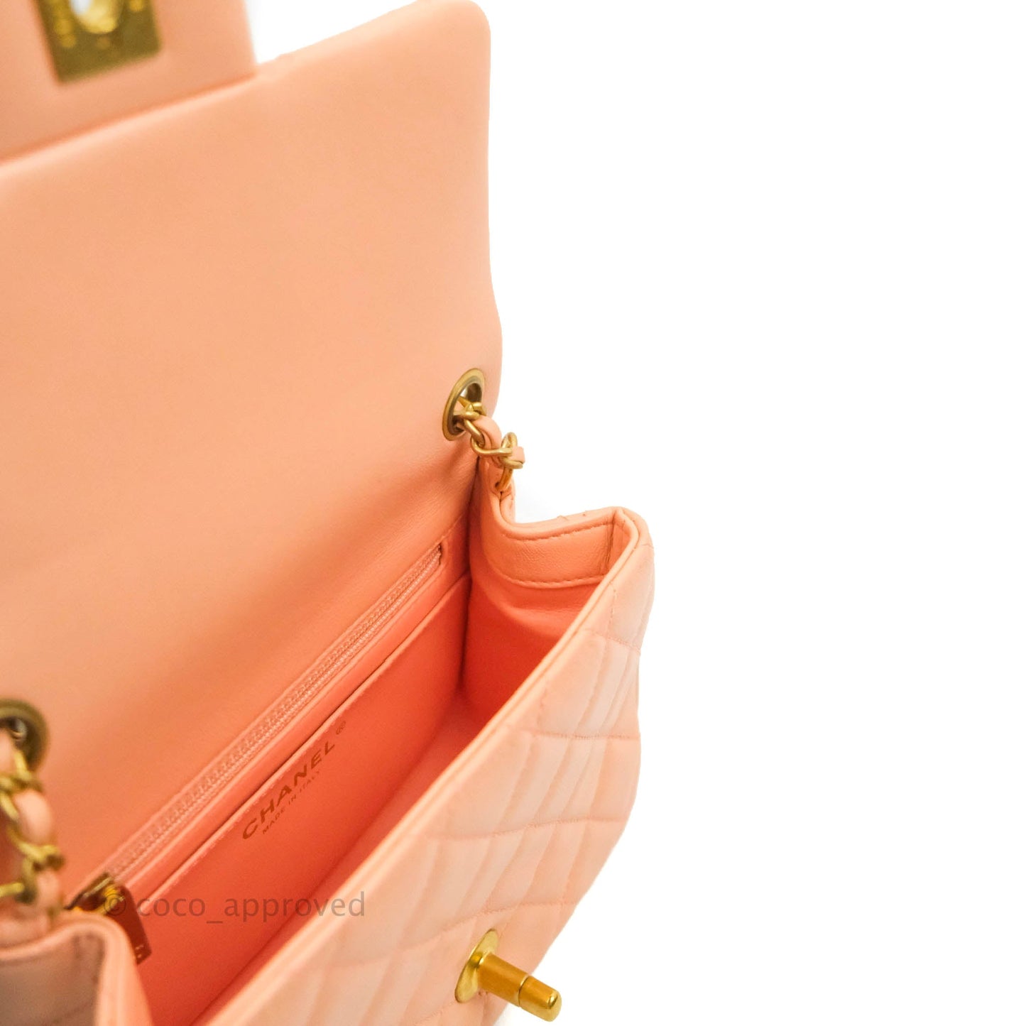 Chanel Pearl Crush Mini Square Quilted Peach Beige Lambskin Aged Gold Hardware