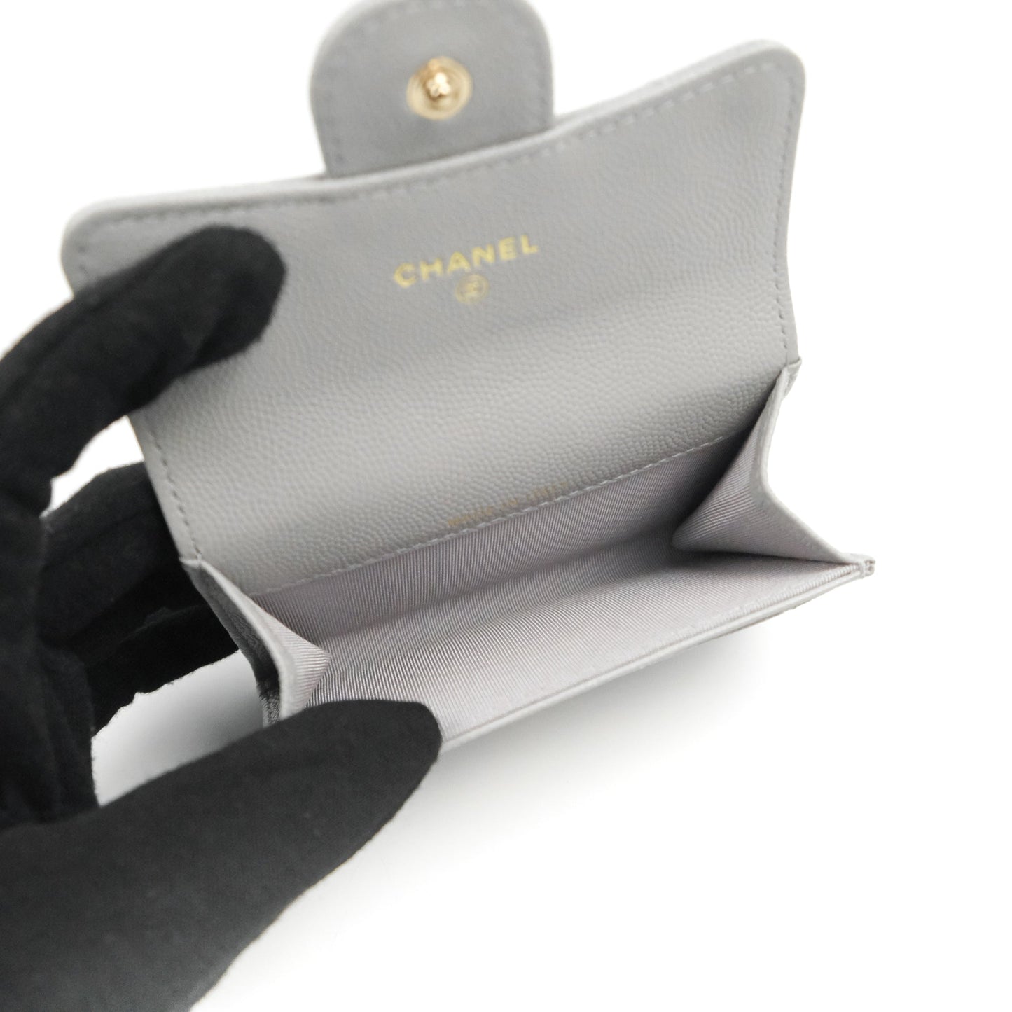 Chanel Quilted Flap Card Holder Grey Caviar Gold Hardware