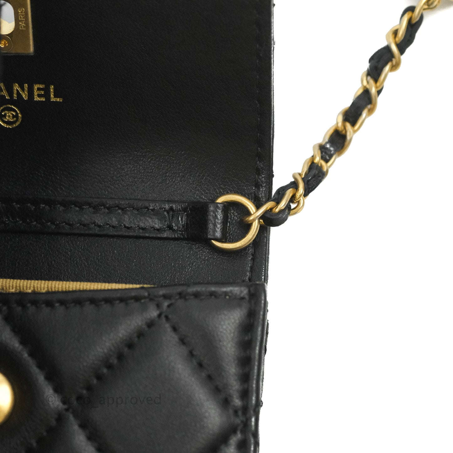 Chanel Pearl Crush Mini Clutch With Chain Black Lambskin Aged Gold Hardware