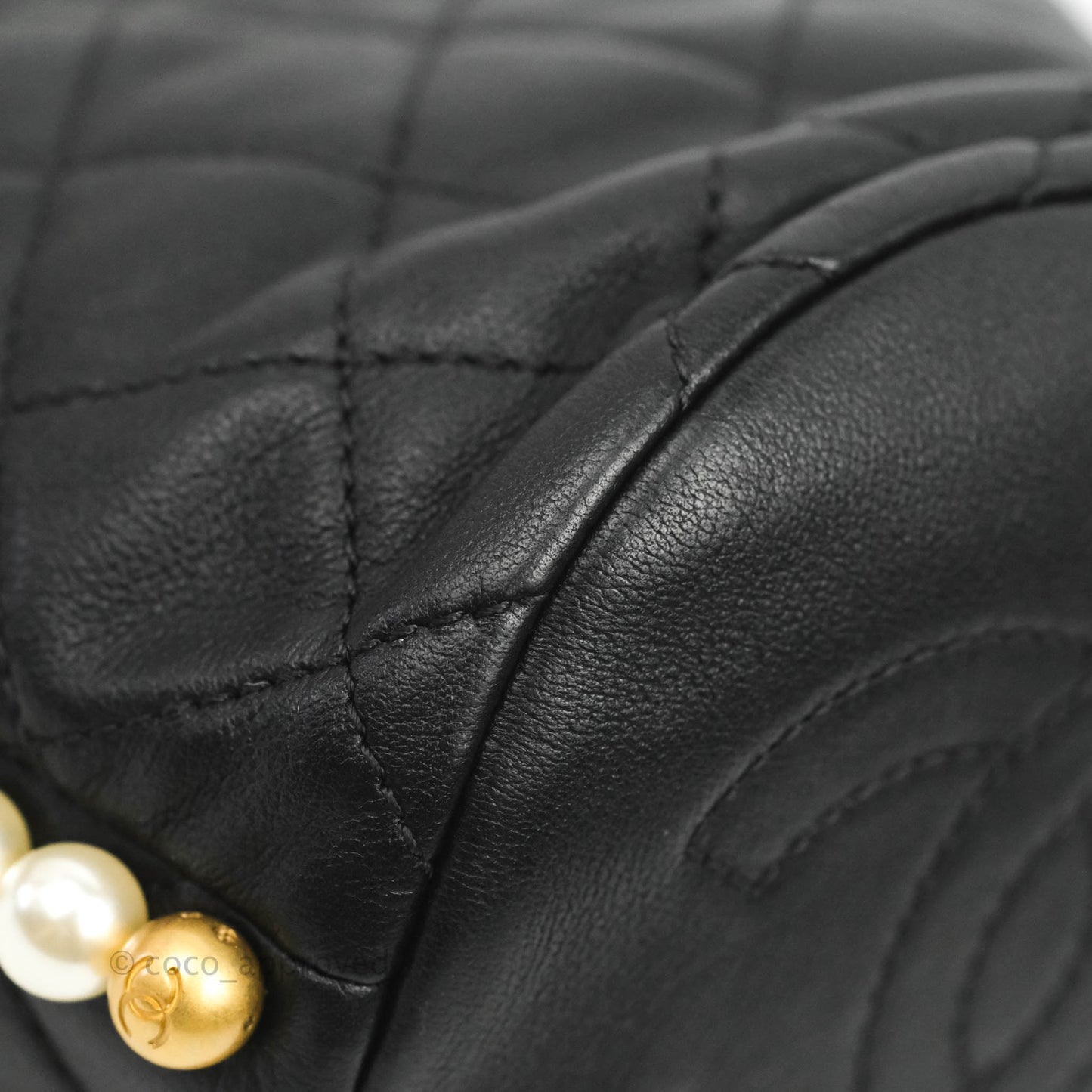 Chanel Quilted Pearl Mini About Pearls Drawstring Bucket Bag Black Calfskin