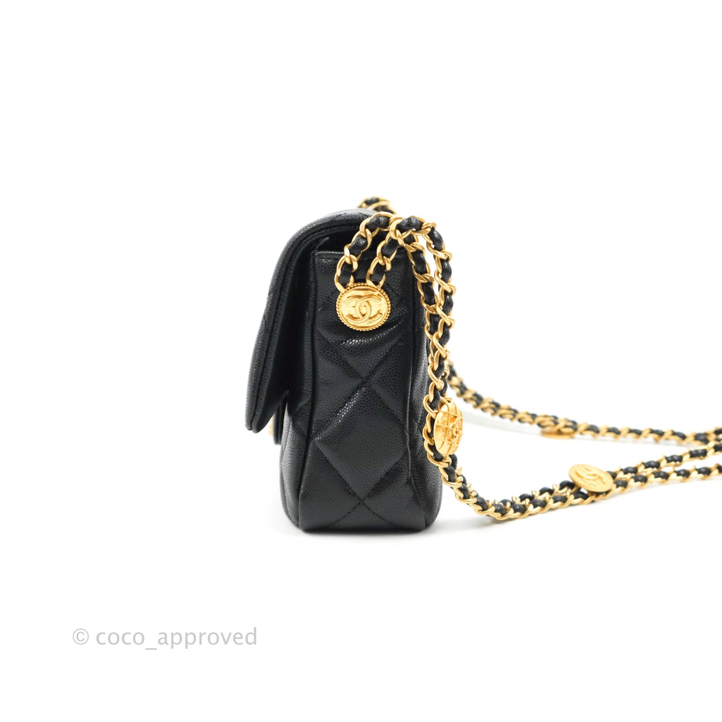 Chanel Small Buttons Gold Coins Flap Bag Black Caviar Aged Gold Hardware