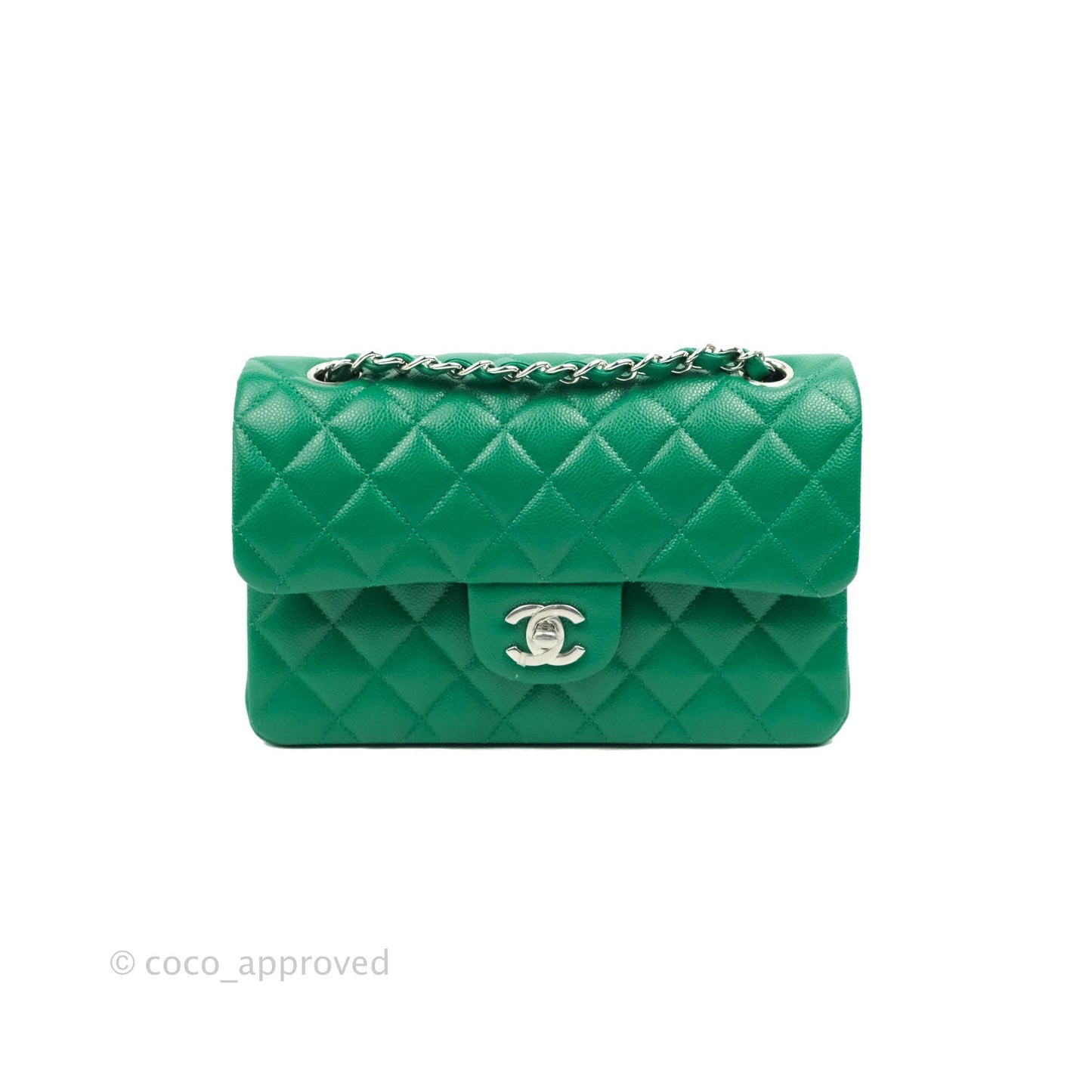 Chanel Small Classic Quilted Flap Green Caviar Silver Hardware 20B