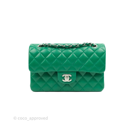 Chanel Small Classic Quilted Flap Green Caviar Silver Hardware 20B