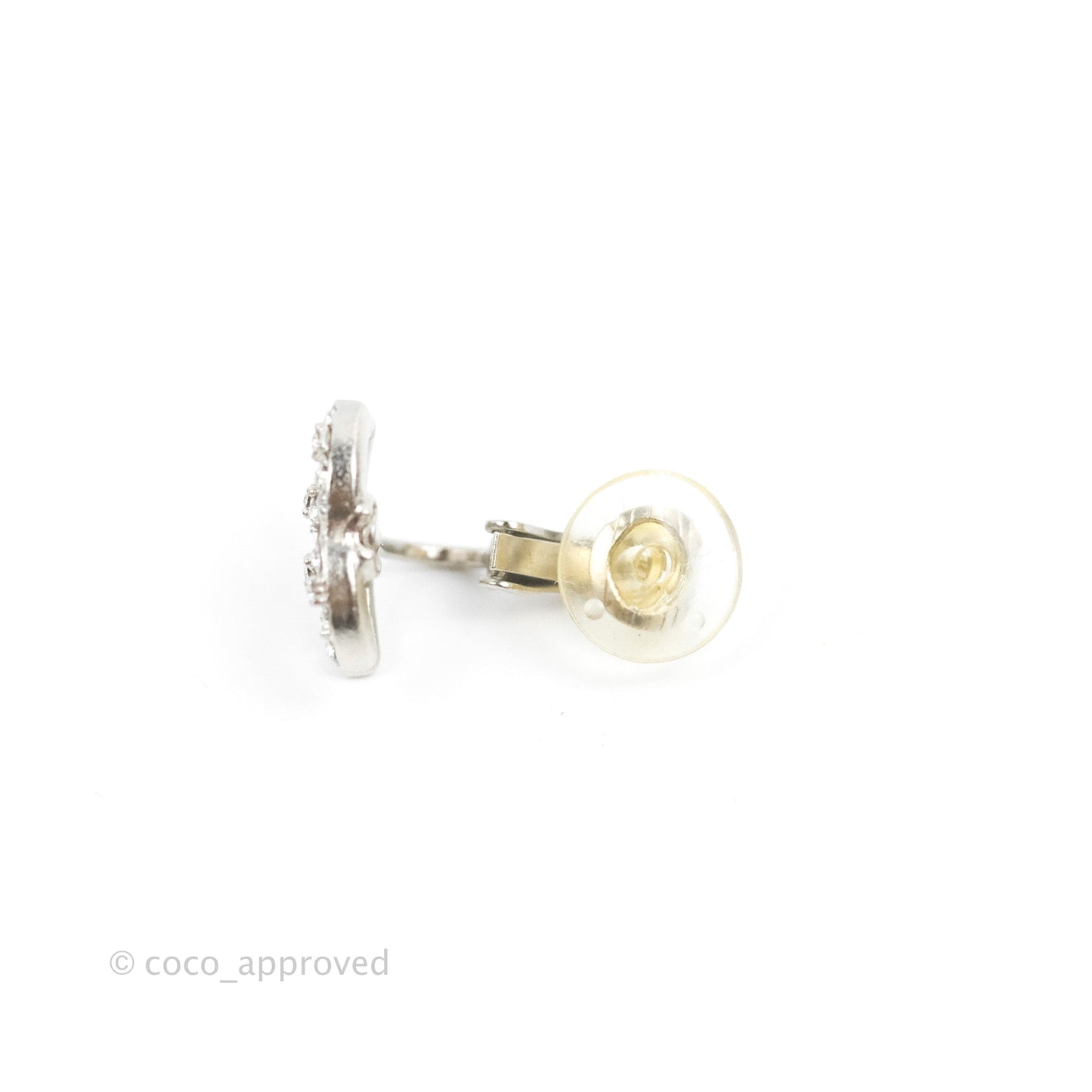 Chanel Crystal CC Earrings Ear Clip Silver Tone 20B