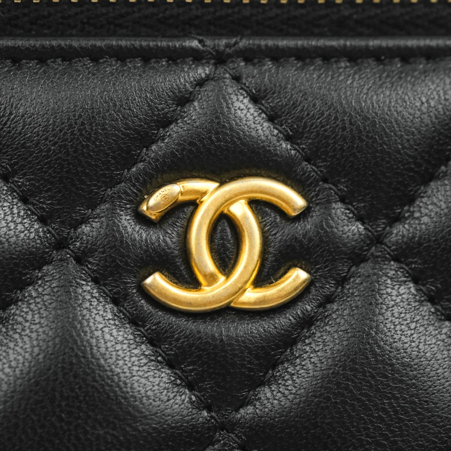Chanel Vanity with Pearl Crush Chain in Black Lambskin Aged Gold Hardware