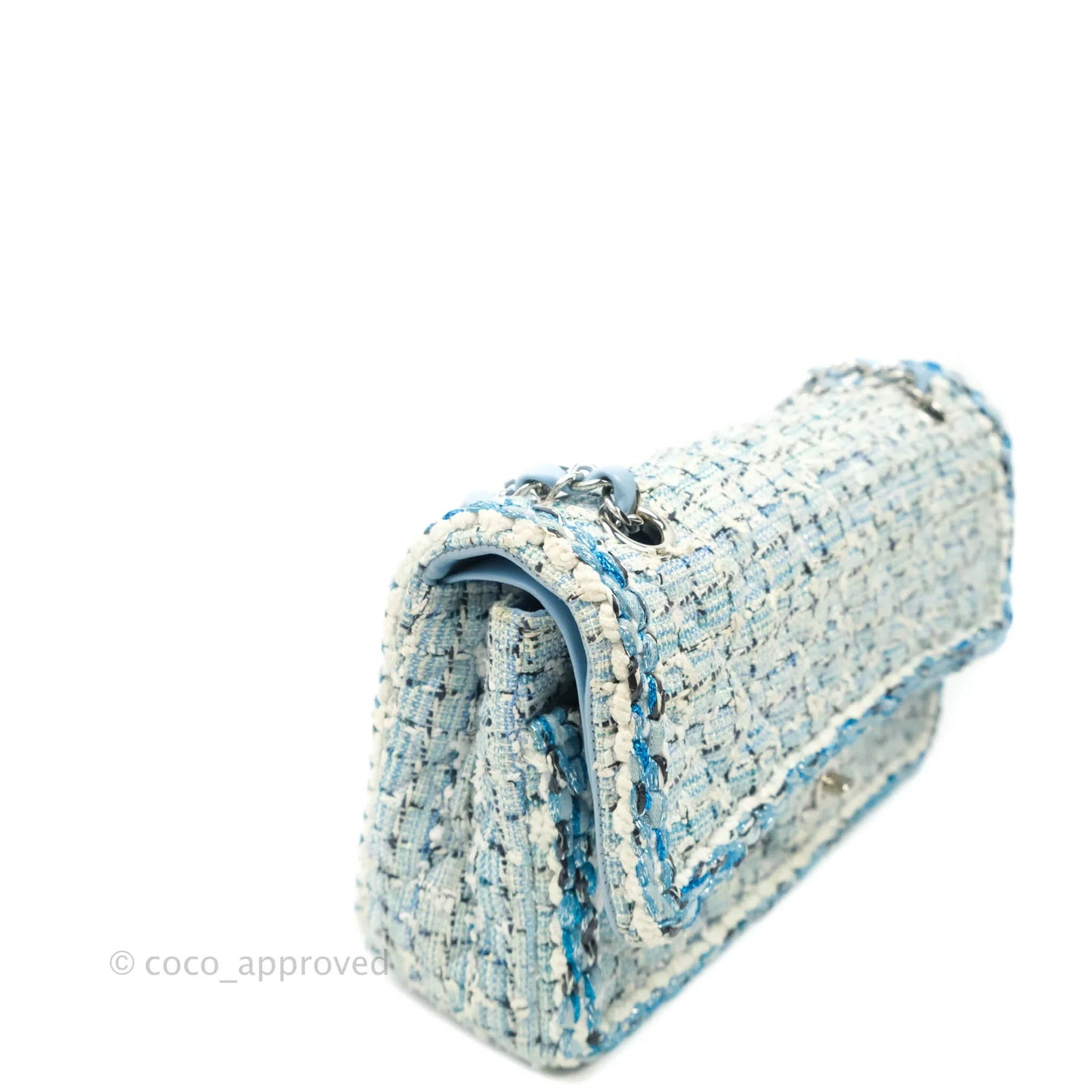 Chanel Medium Classic Double Flap Bag Blue Tweed Silver Hardware 19C