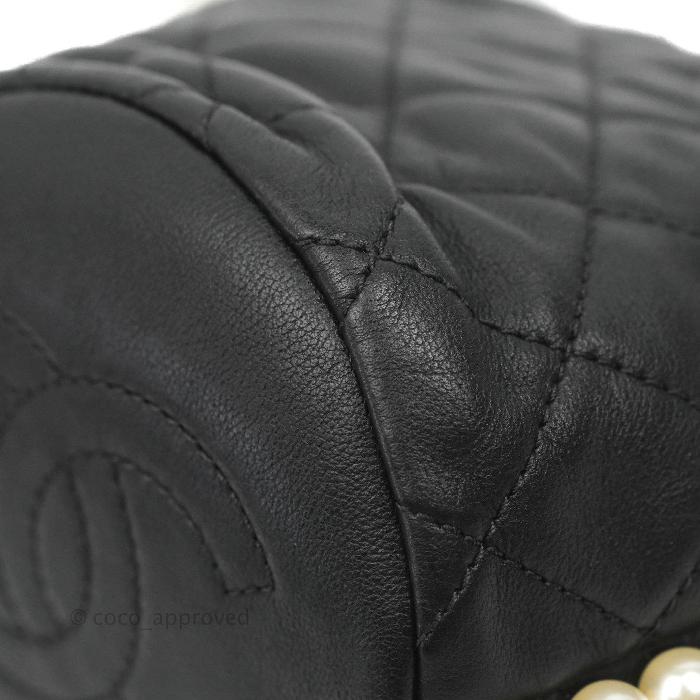 Chanel Quilted Pearl Mini About Pearls Drawstring Bucket Bag Black Calfskin