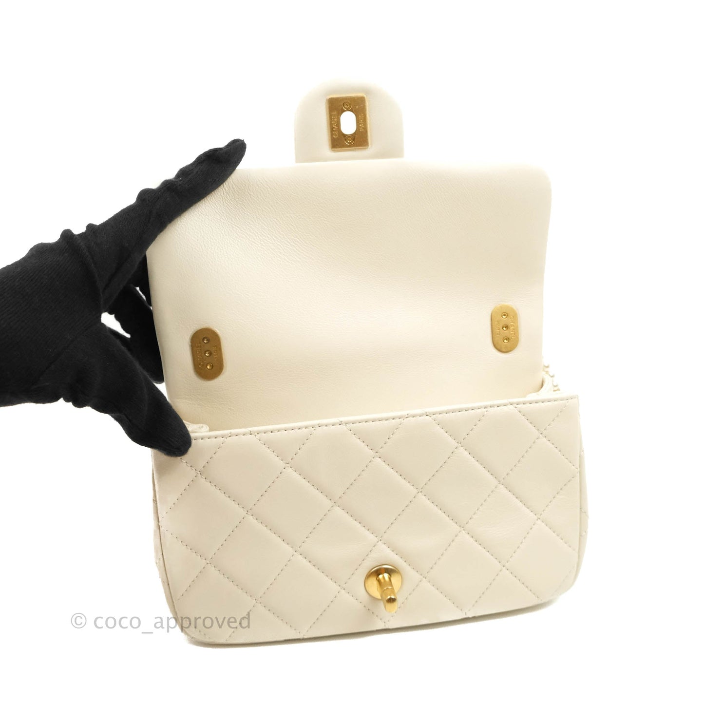 Chanel Mini Rectangular Crystal Pearls Chain Flap White Calfskin Aged Gold Hardware