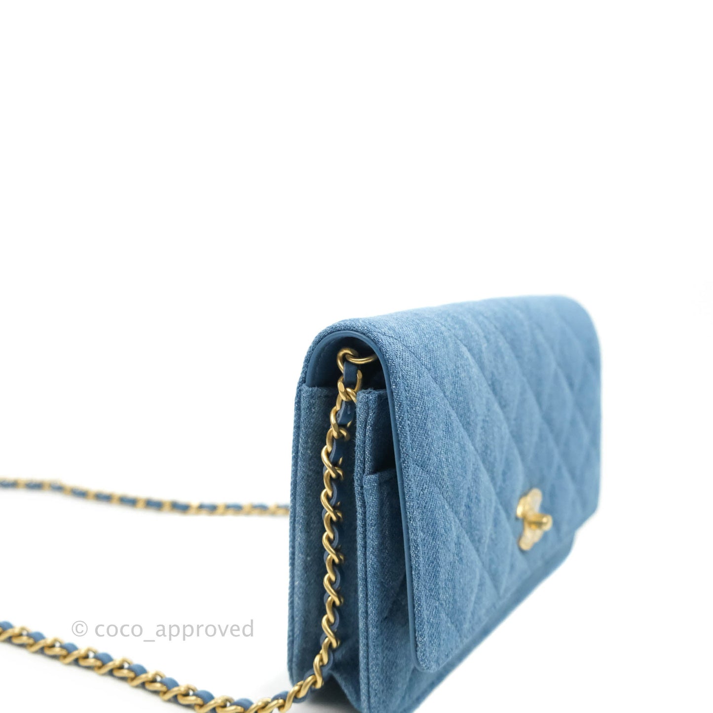 Chanel Quilted Pearl Crush Wallet on Chain WOC Denim Aged Gold Hardware