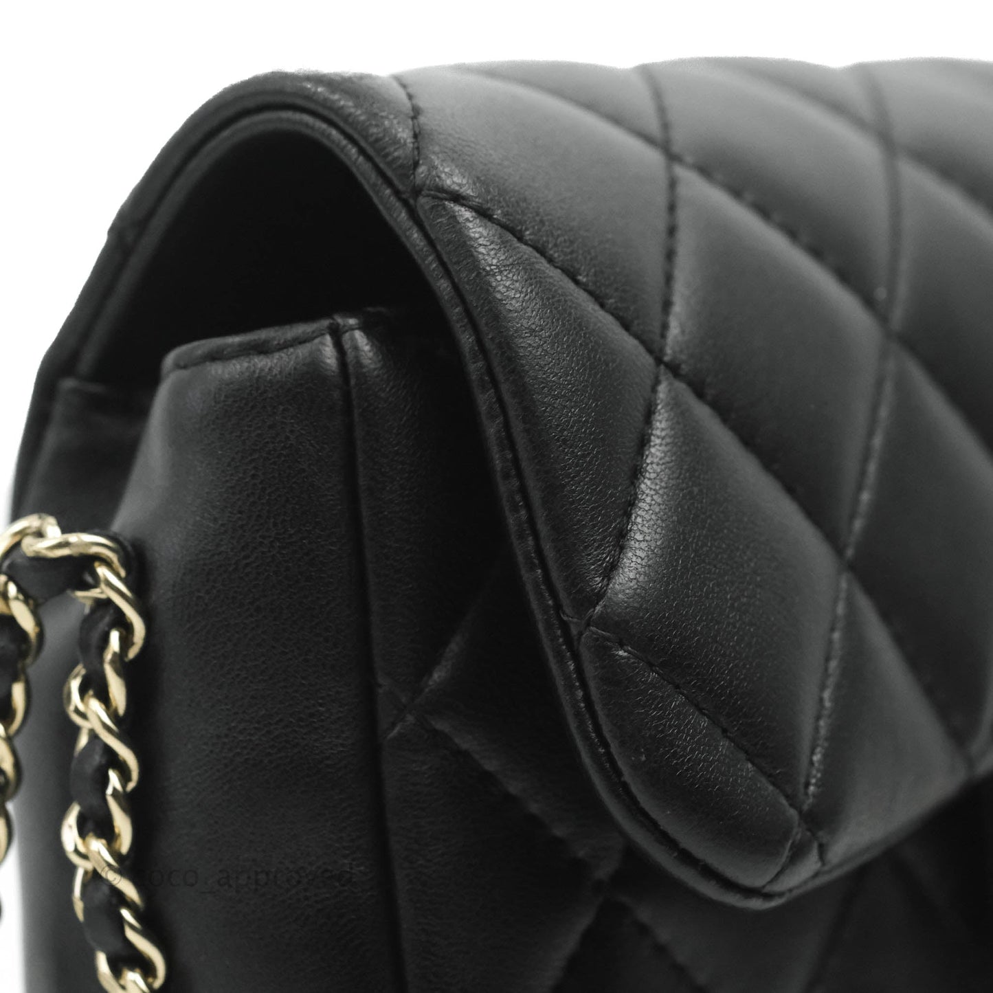 Chanel Logo Pearl Chain Flap Bag Black Lambskin Gold Hardware