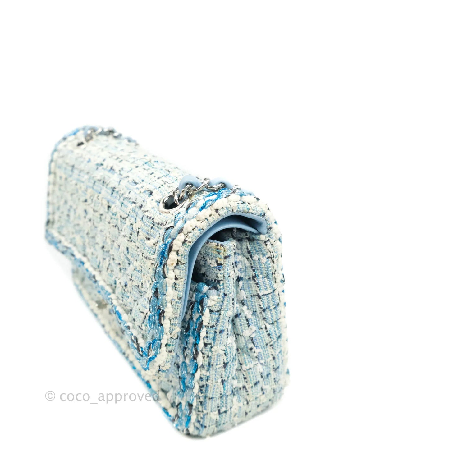 Chanel Medium Classic Double Flap Bag Blue Tweed Silver Hardware 19C