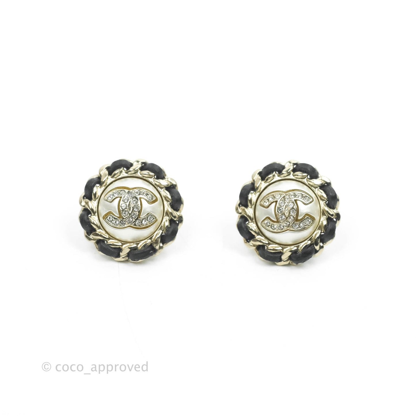 Chanel CC Pearl Crystal Black Lambskin Braided Round Earrings 21K