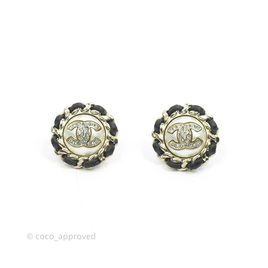 Chanel CC Pearl Crystal Black Lambskin Braided Round Earrings 21K