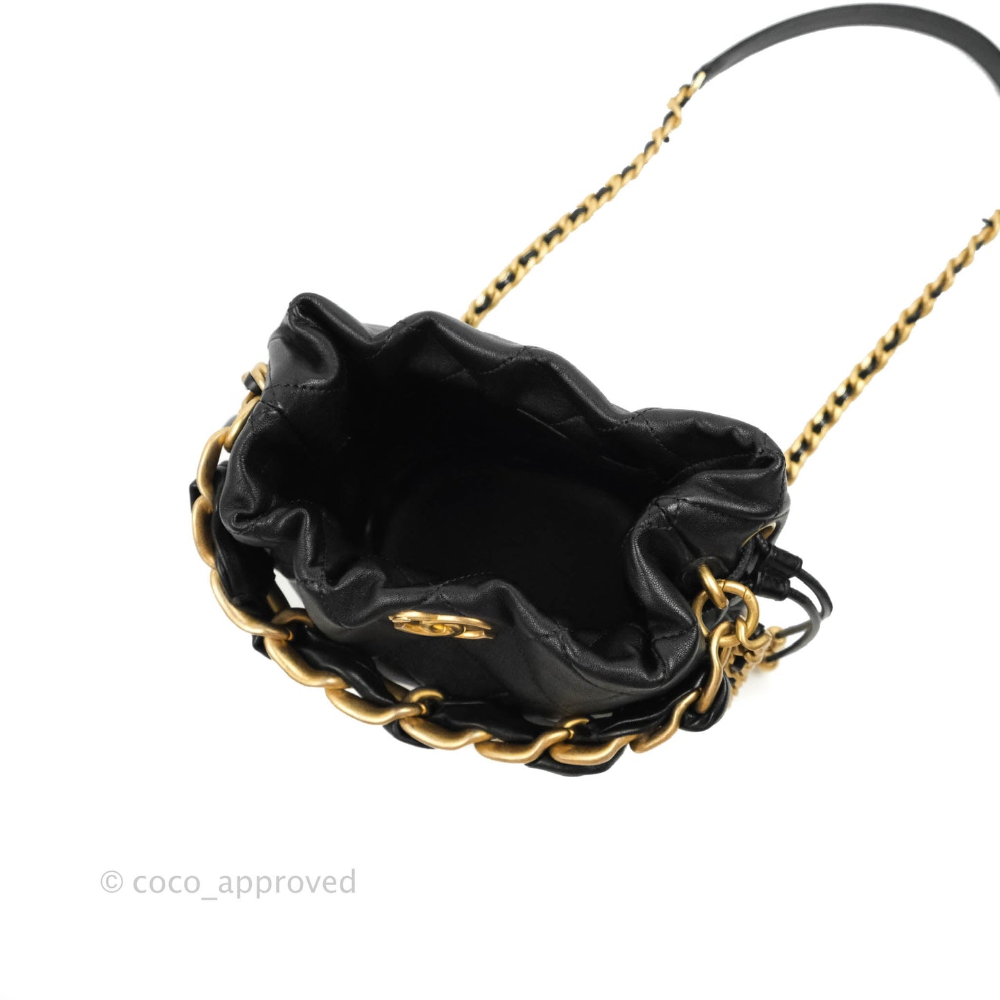 Chanel Small Entwined Chain Drawstring Bucket Bag Black Lambskin Age Gold Hardware