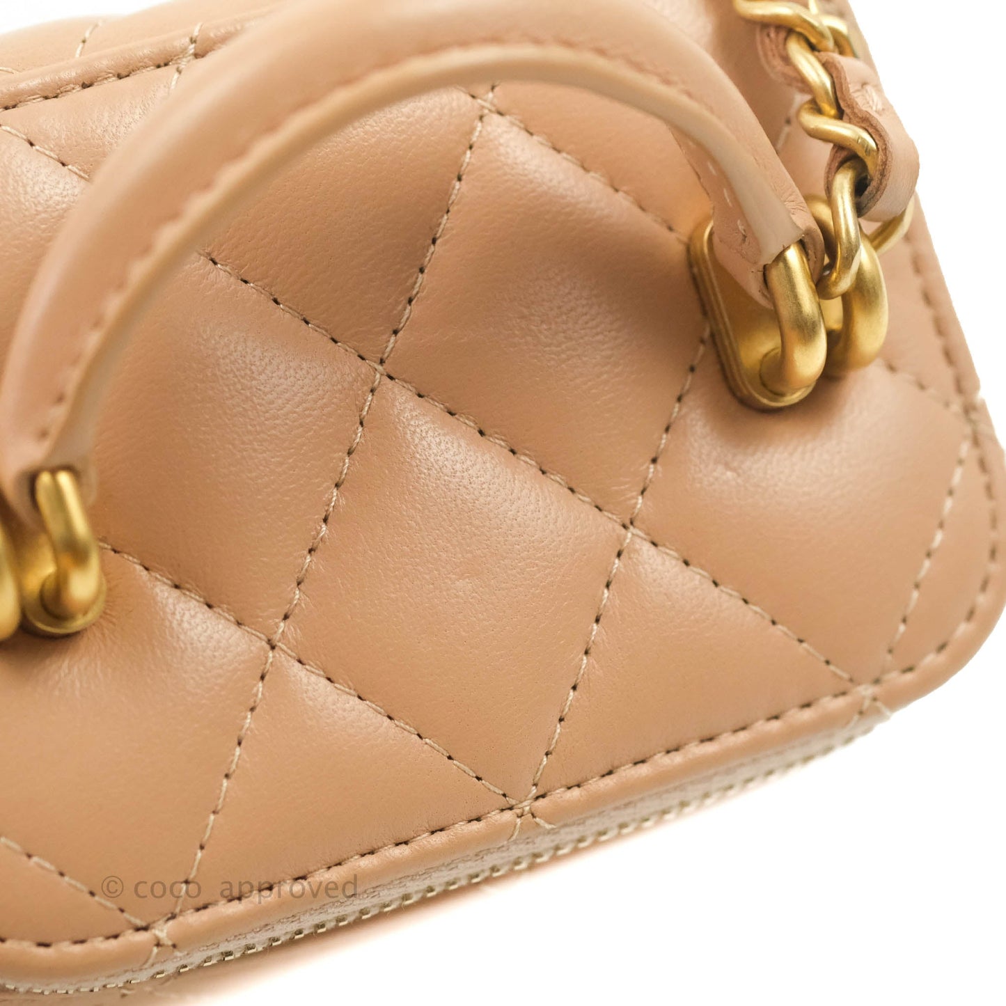 Chanel Mini Top Handle Vanity With Chain Beige Lambskin Aged Gold Hardware