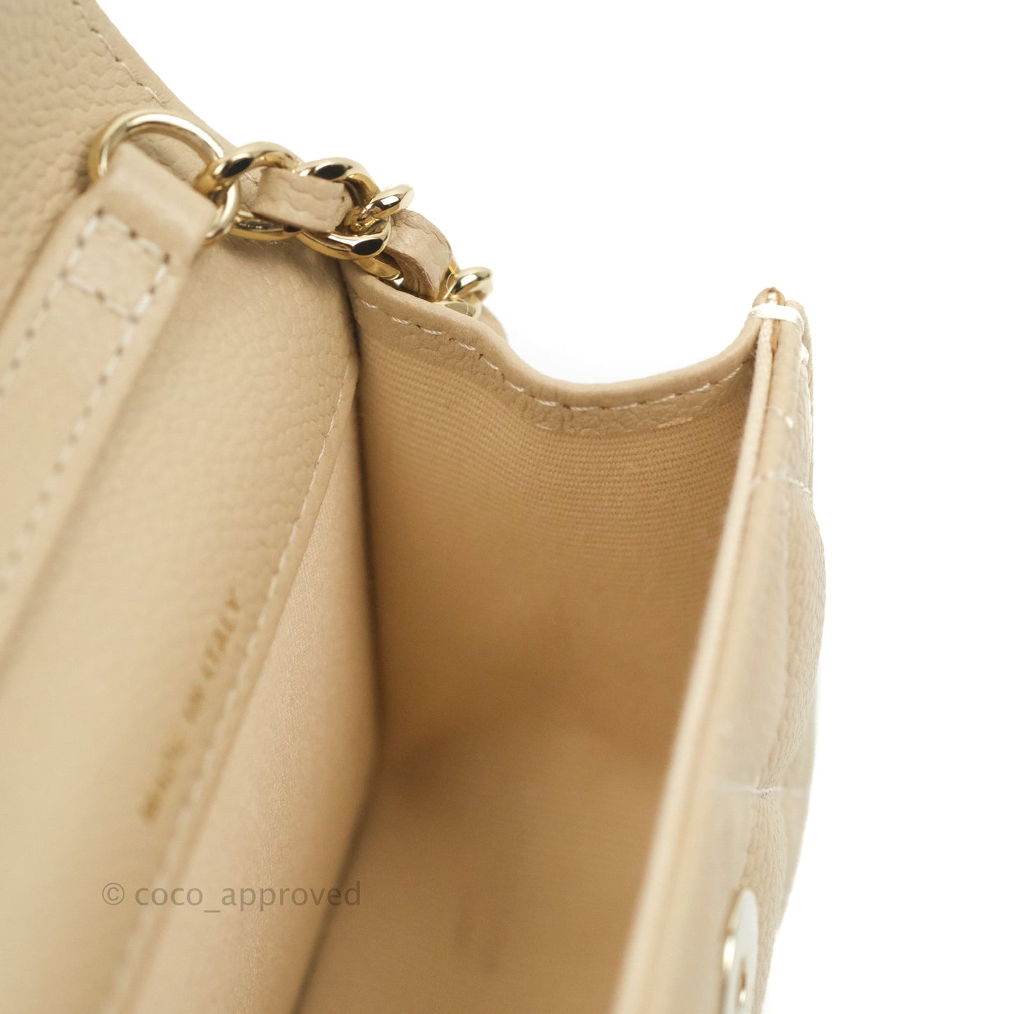 Chanel Quilted Card Holder with CC Chain Beige Caviar Gold Hardware