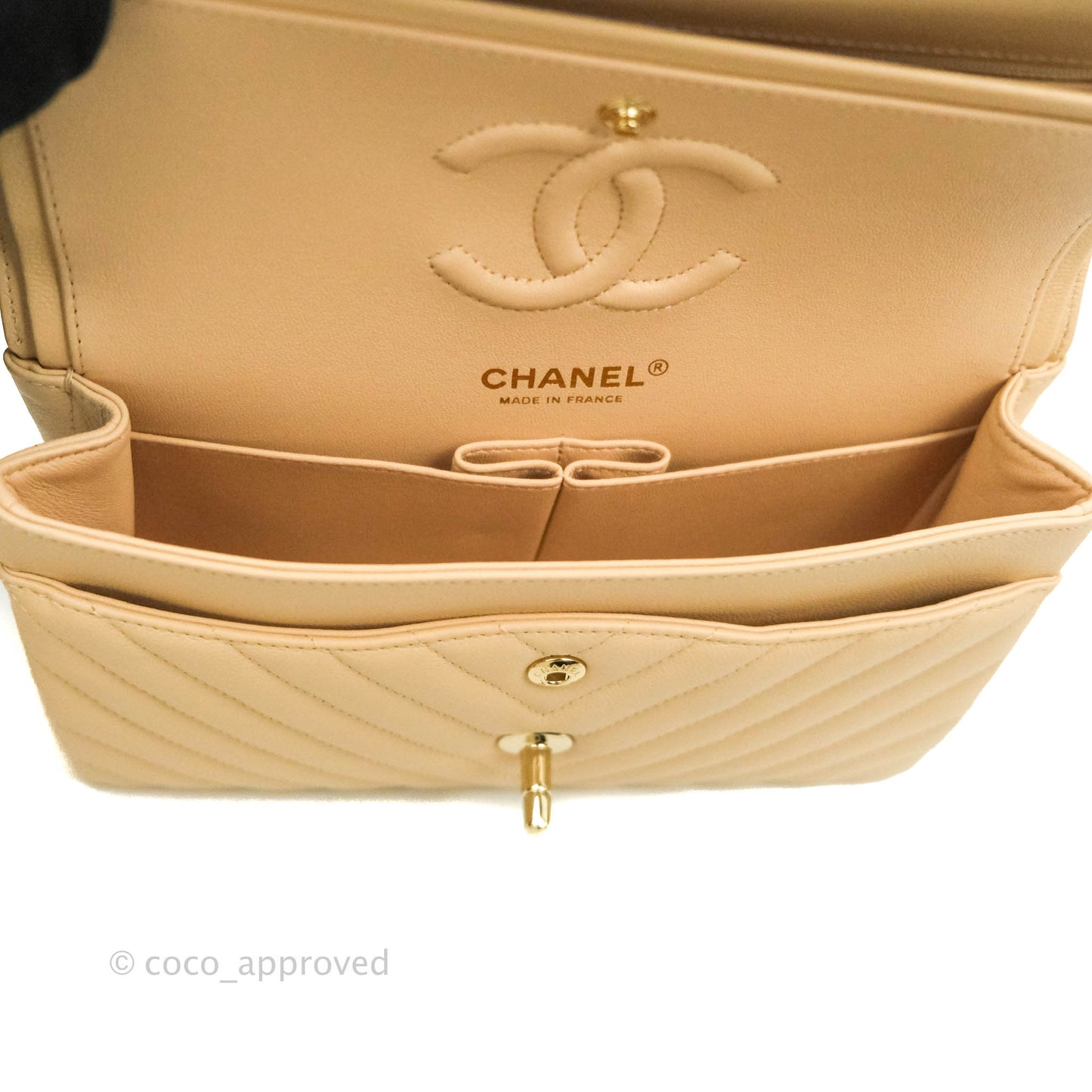 Chanel Classic S/M Small Double Flap Chevron Beige Caviar Gold Hardware